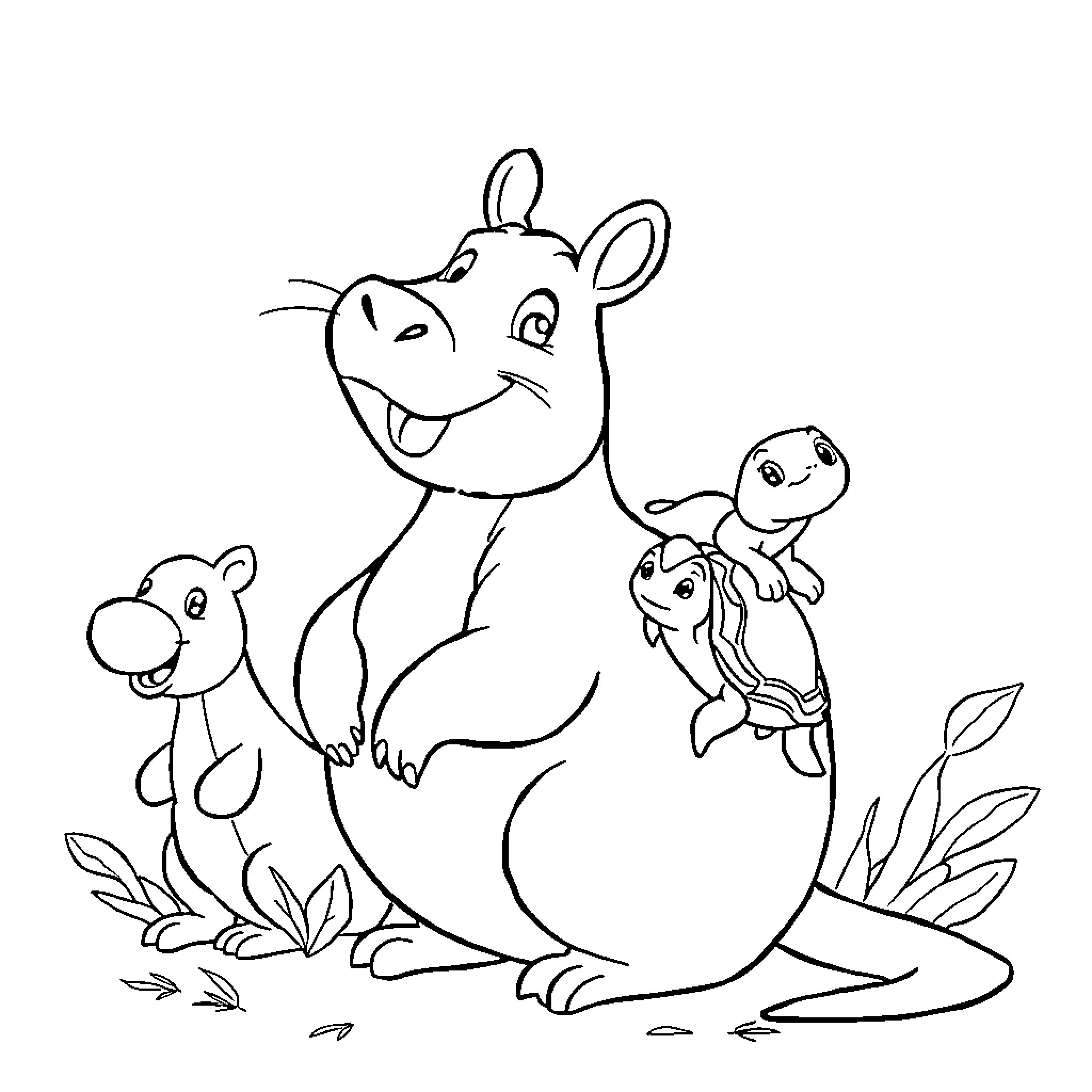 Capybara family playing happily in nature Coloring Page (free black-and-white line drawing printable PDF for all, from beginners to advanced learners, including children, teens, adults, and seniors)