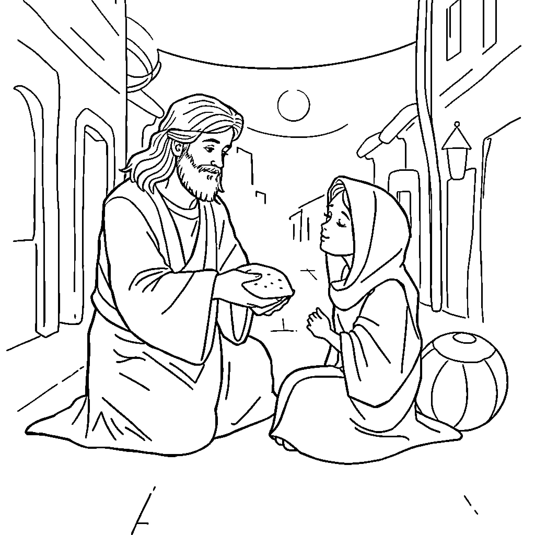 Jesus Teaching a Woman in a Quiet Street Coloring Page (free black-and-white line drawing printable PDF for all, from beginners to advanced learners, including children, teens, adults, and seniors)