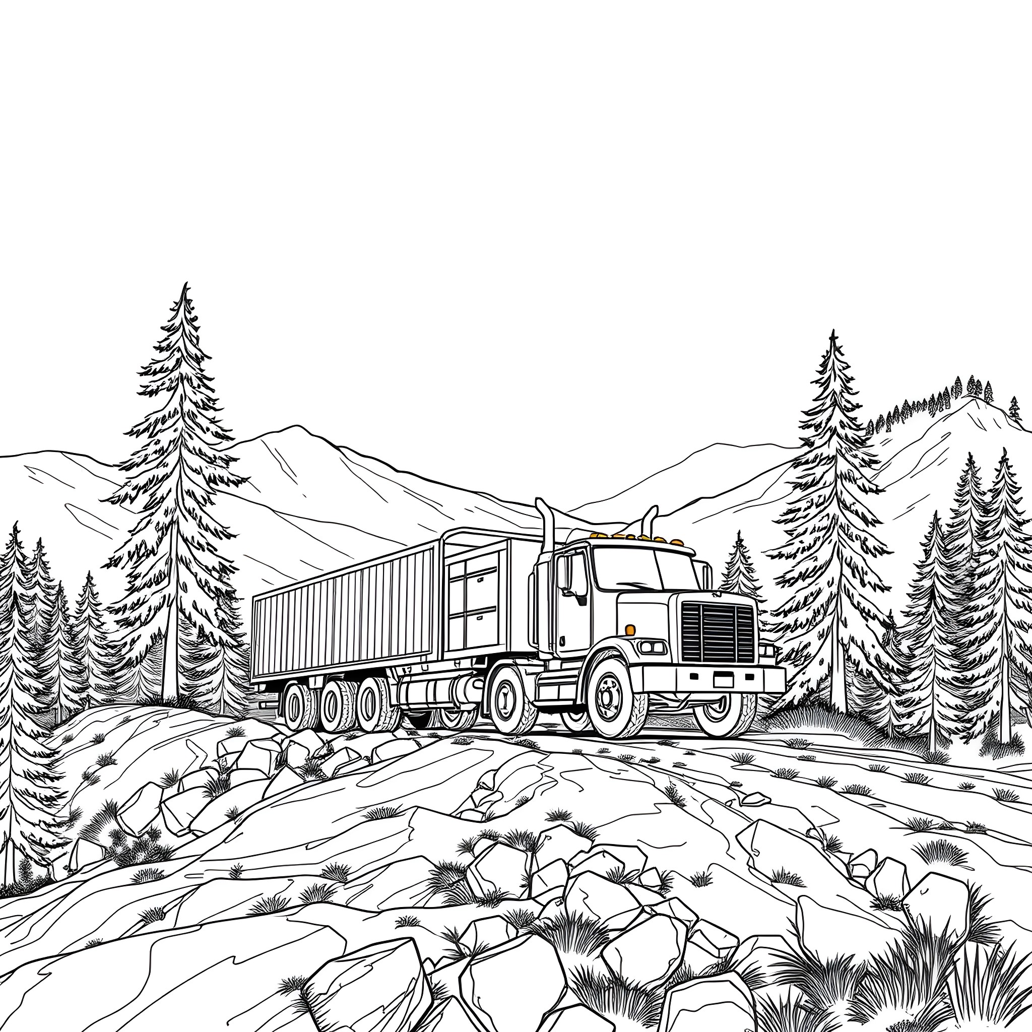 Articulated Hauler Navigating Rugged Terrain Coloring Page (free black-and-white line drawing printable PDF for all, from beginners to advanced learners, including children, teens, adults, and seniors)
