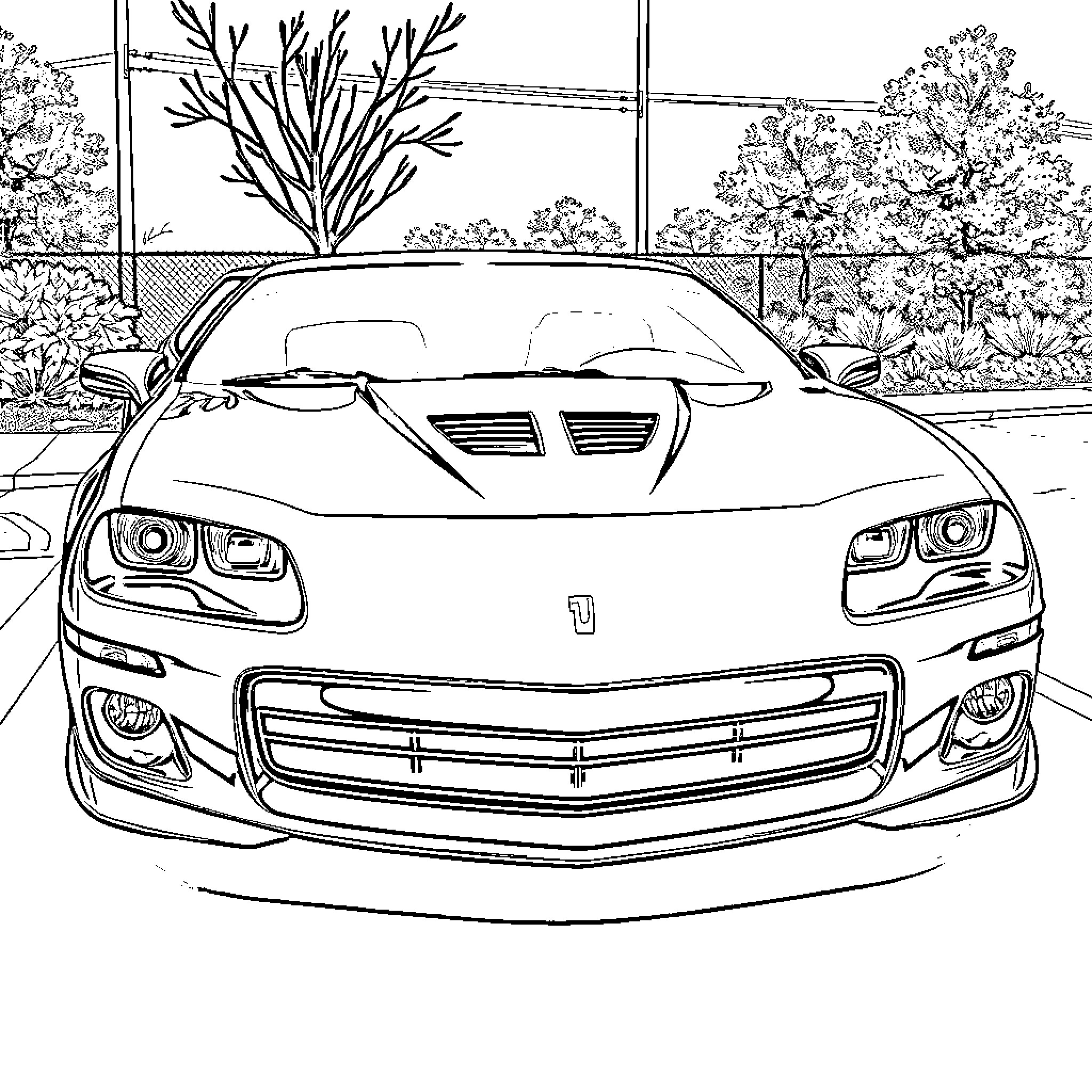 Iroc Camaro parked in scenic outdoor setting Coloring Page (free black-and-white line drawing printable PDF for all, from beginners to advanced learners, including children, teens, adults, and seniors)