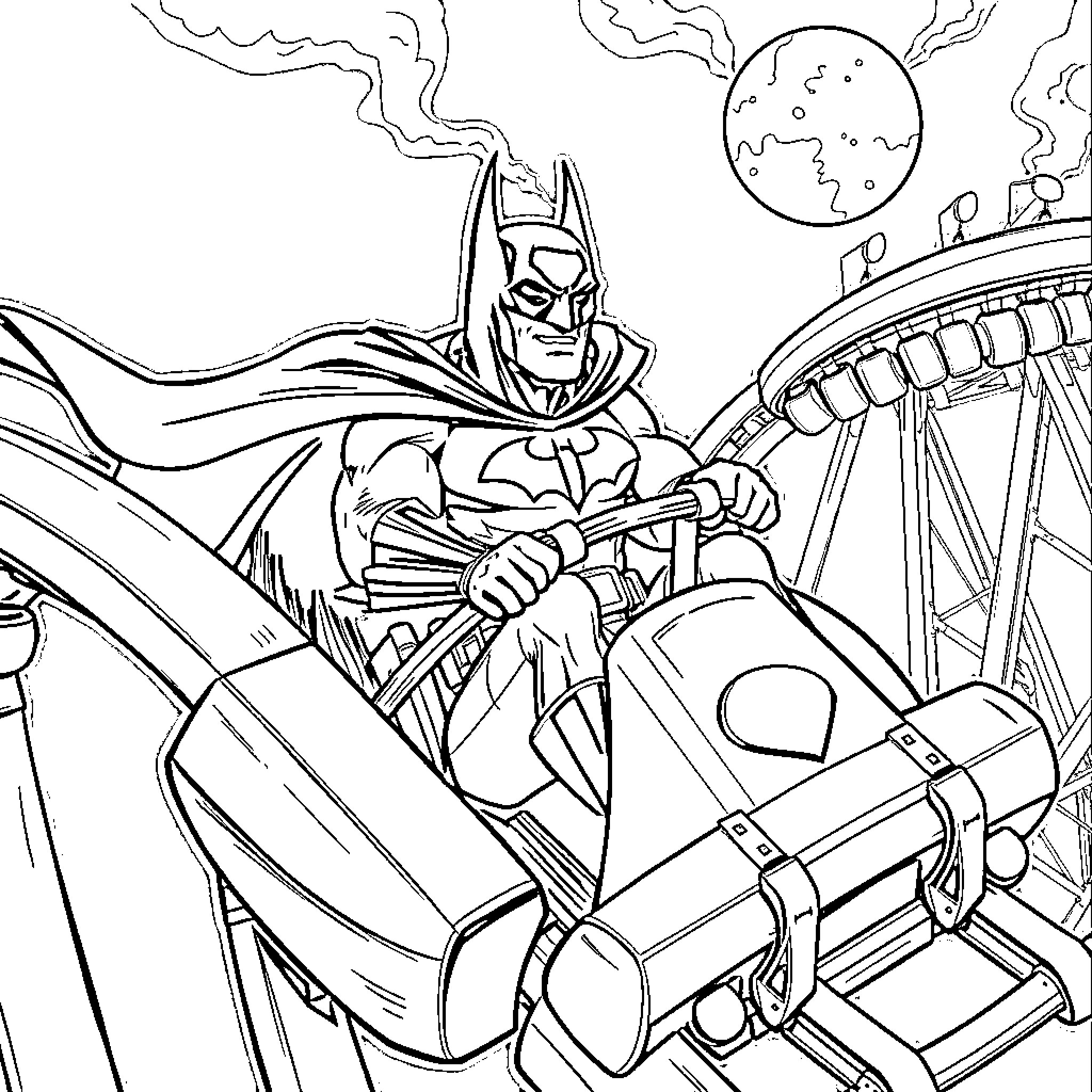 Batman riding a roller coaster with intensity Coloring Page (free black-and-white line drawing printable PDF for all, from beginners to advanced learners, including children, teens, adults, and seniors)