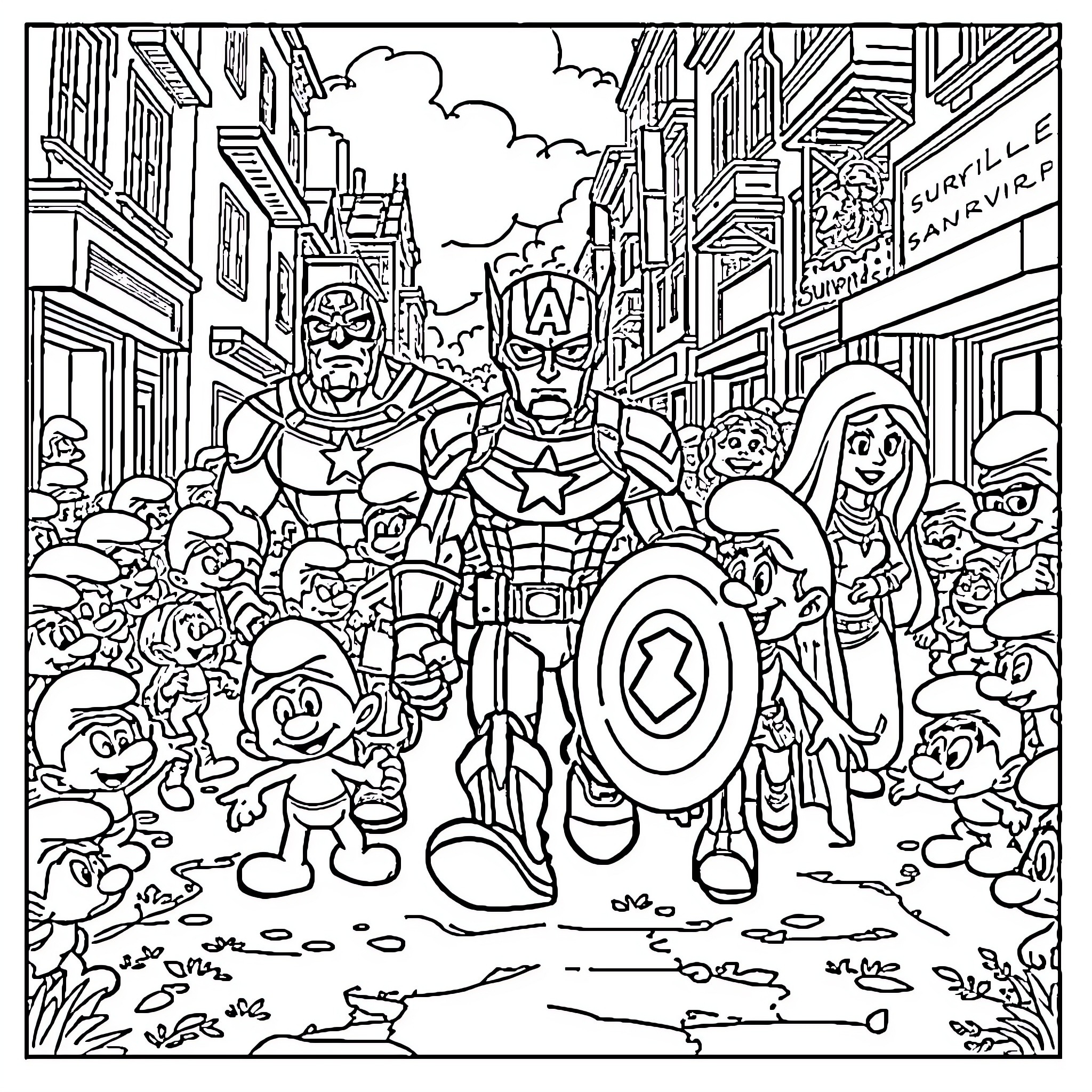 Avenger Characters in Crowded City Street Coloring Page (free black-and-white line drawing printable PDF for all, from beginners to advanced learners, including children, teens, adults, and seniors)