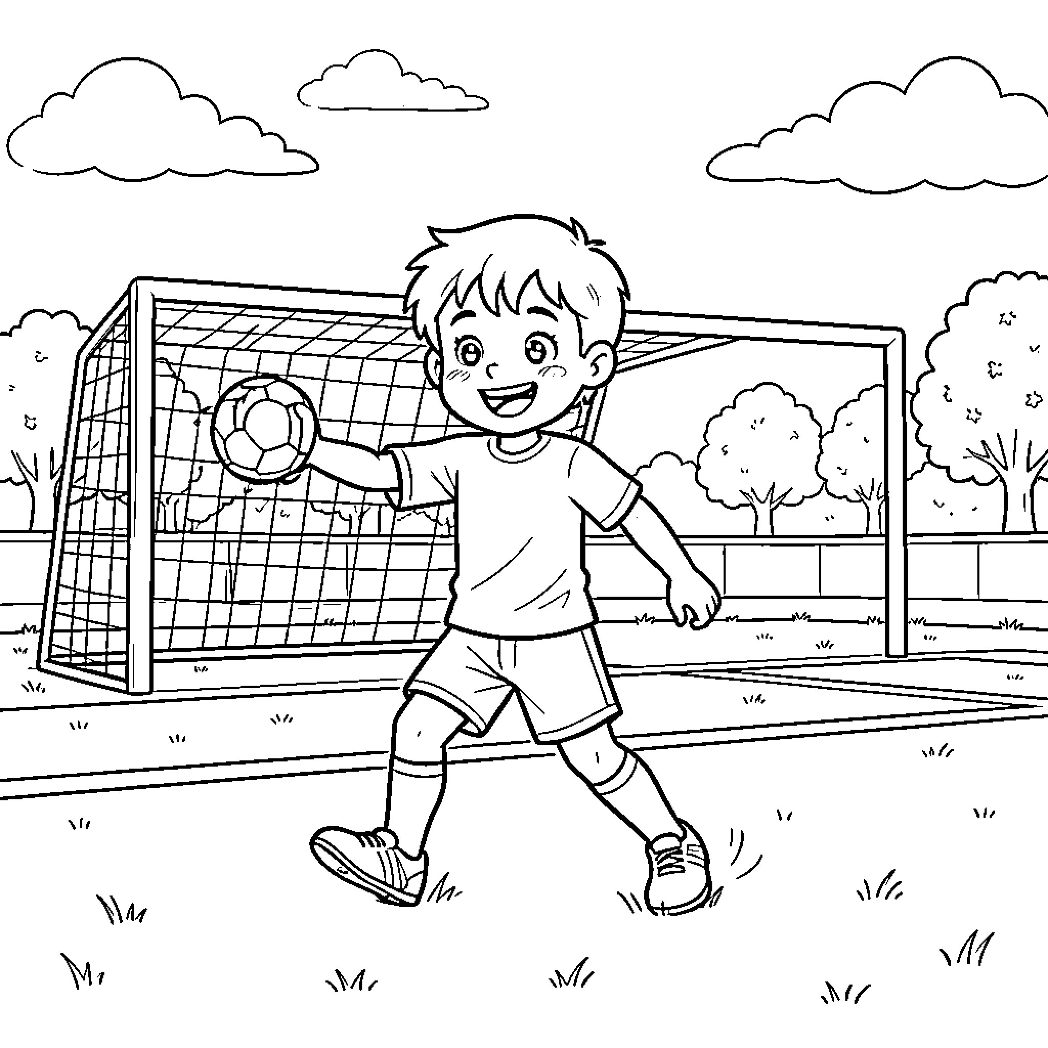 Niño playing soccer joyfully in the park Coloring Page (free black-and-white line drawing printable PDF for all, from beginners to advanced learners, including children, teens, adults, and seniors)