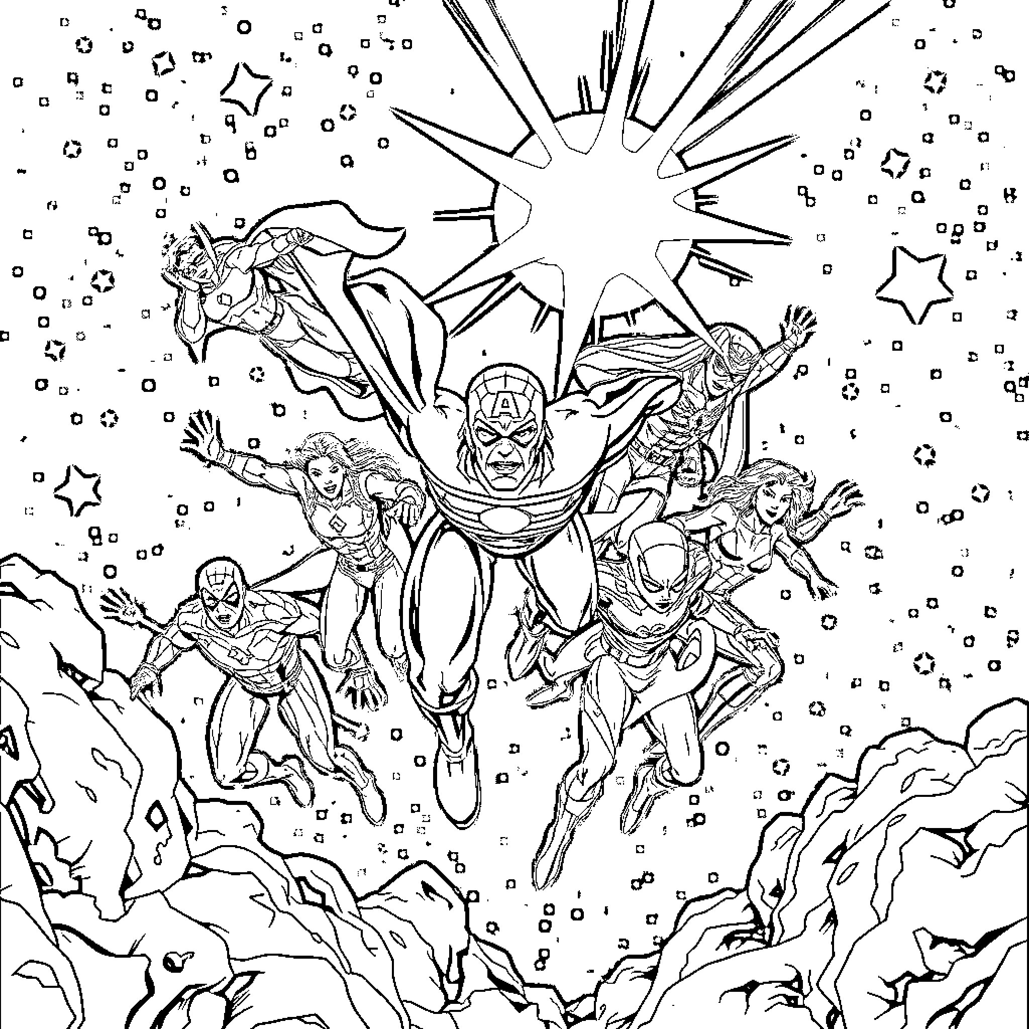 Marvel Heroes in Heroic Action Coloring Page (free black-and-white line drawing printable PDF for all, from beginners to advanced learners, including children, teens, adults, and seniors)