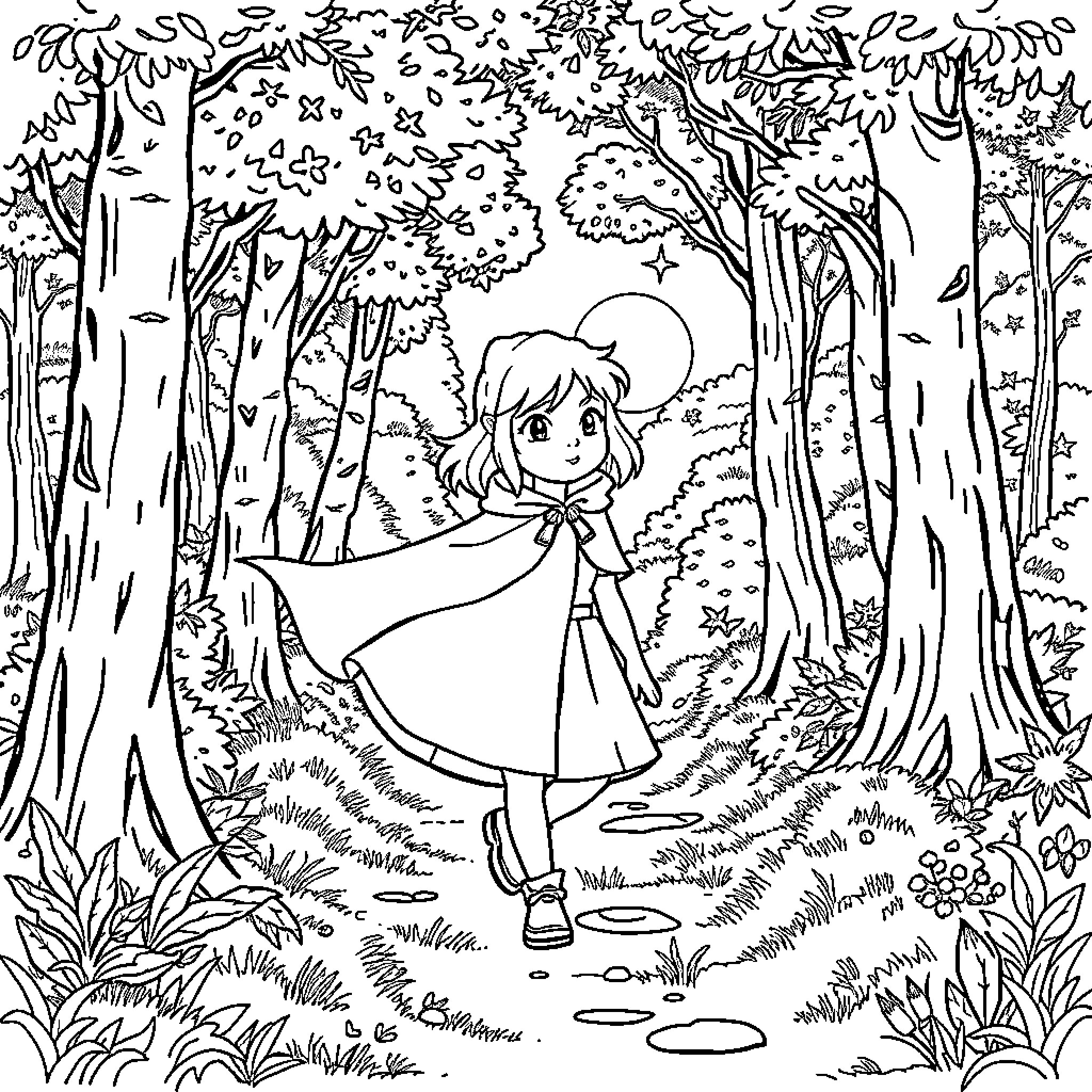 Little Red Riding Hood walking through the enchanted forest Coloring Page (free black-and-white line drawing printable PDF for all, from beginners to advanced learners, including children, teens, adults, and seniors)