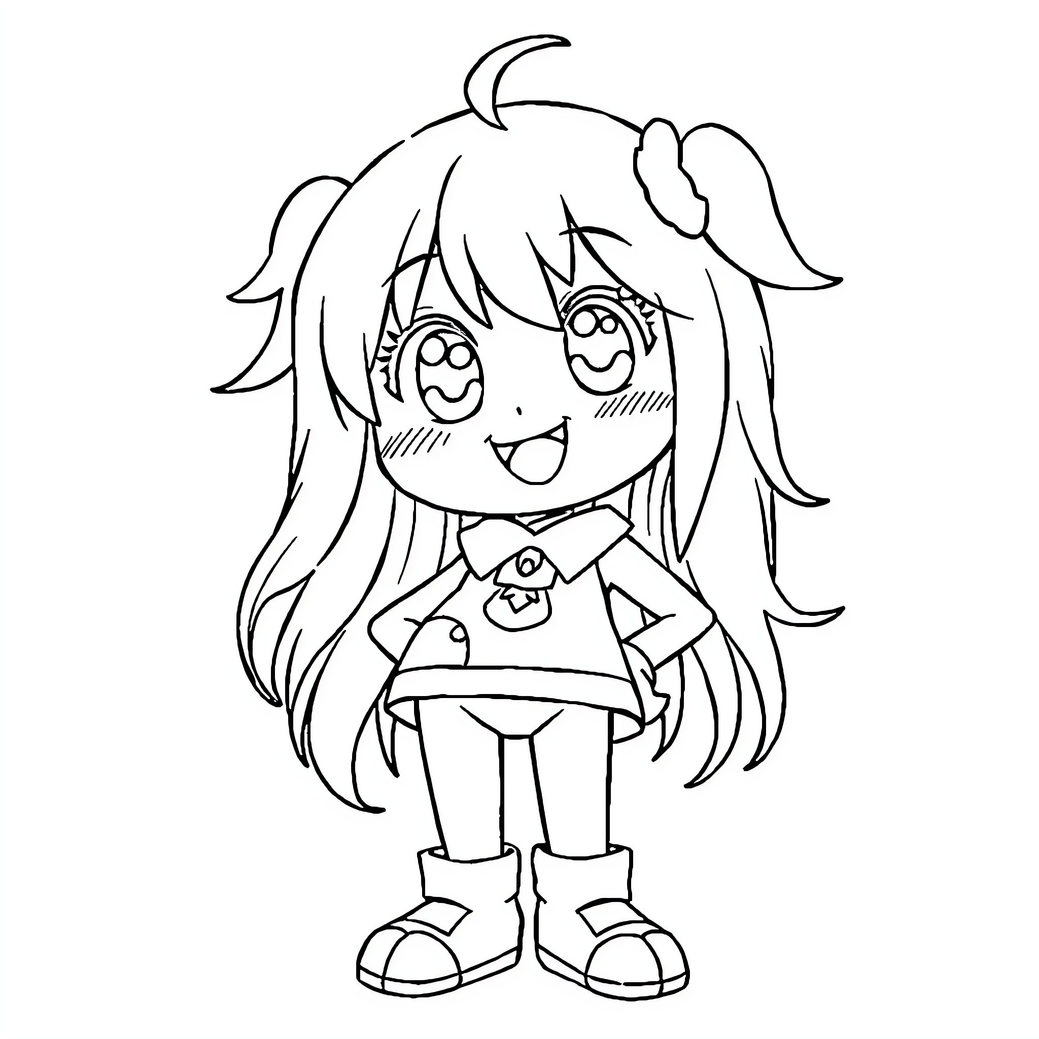Girl with anime-style expression and hairstyle Coloring Page (free black-and-white line drawing printable PDF for all, from beginners to advanced learners, including children, teens, adults, and seniors)