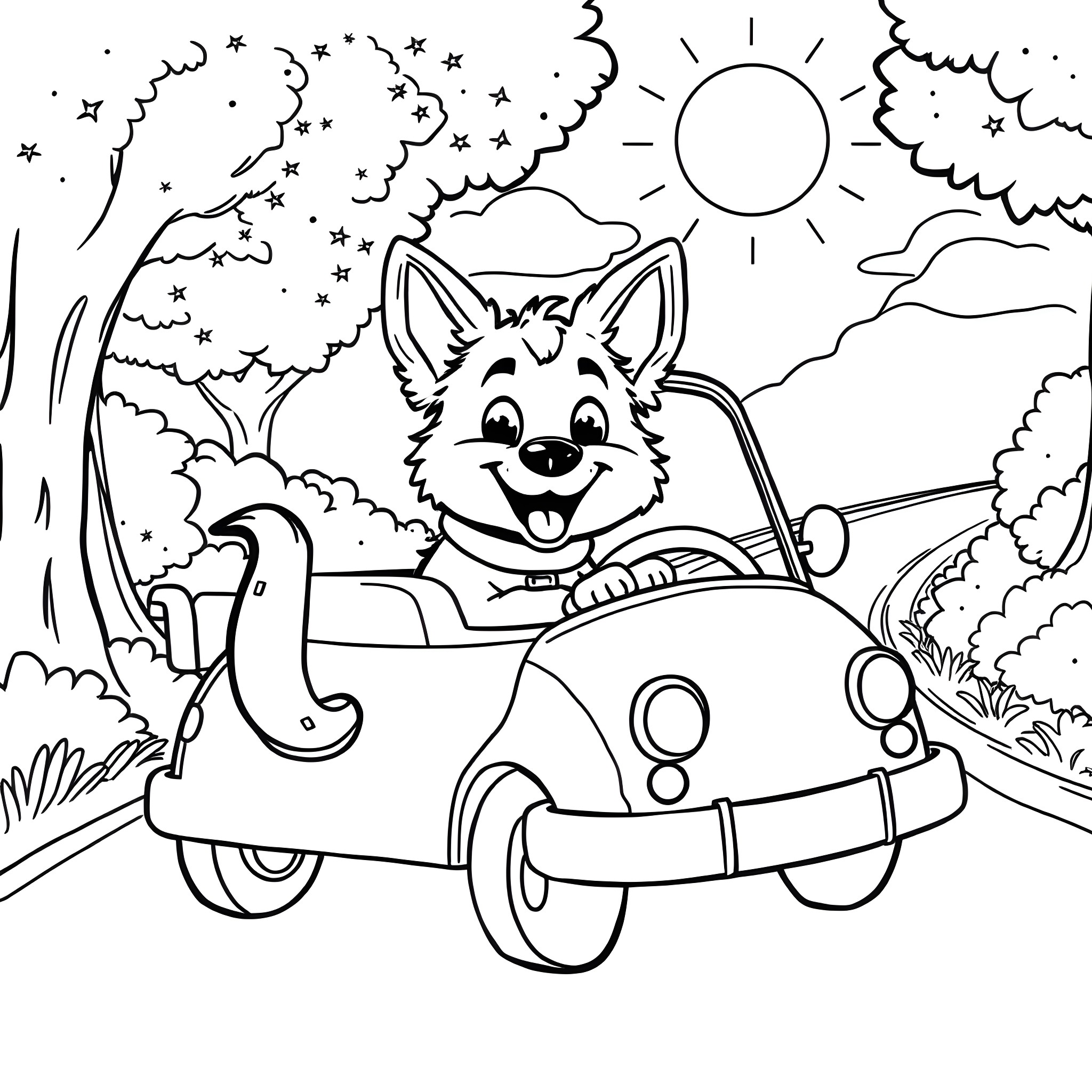 Bluey's Joyful Road Trip Adventure Coloring Page (free black-and-white line drawing printable PDF for all, from beginners to advanced learners, including children, teens, adults, and seniors)
