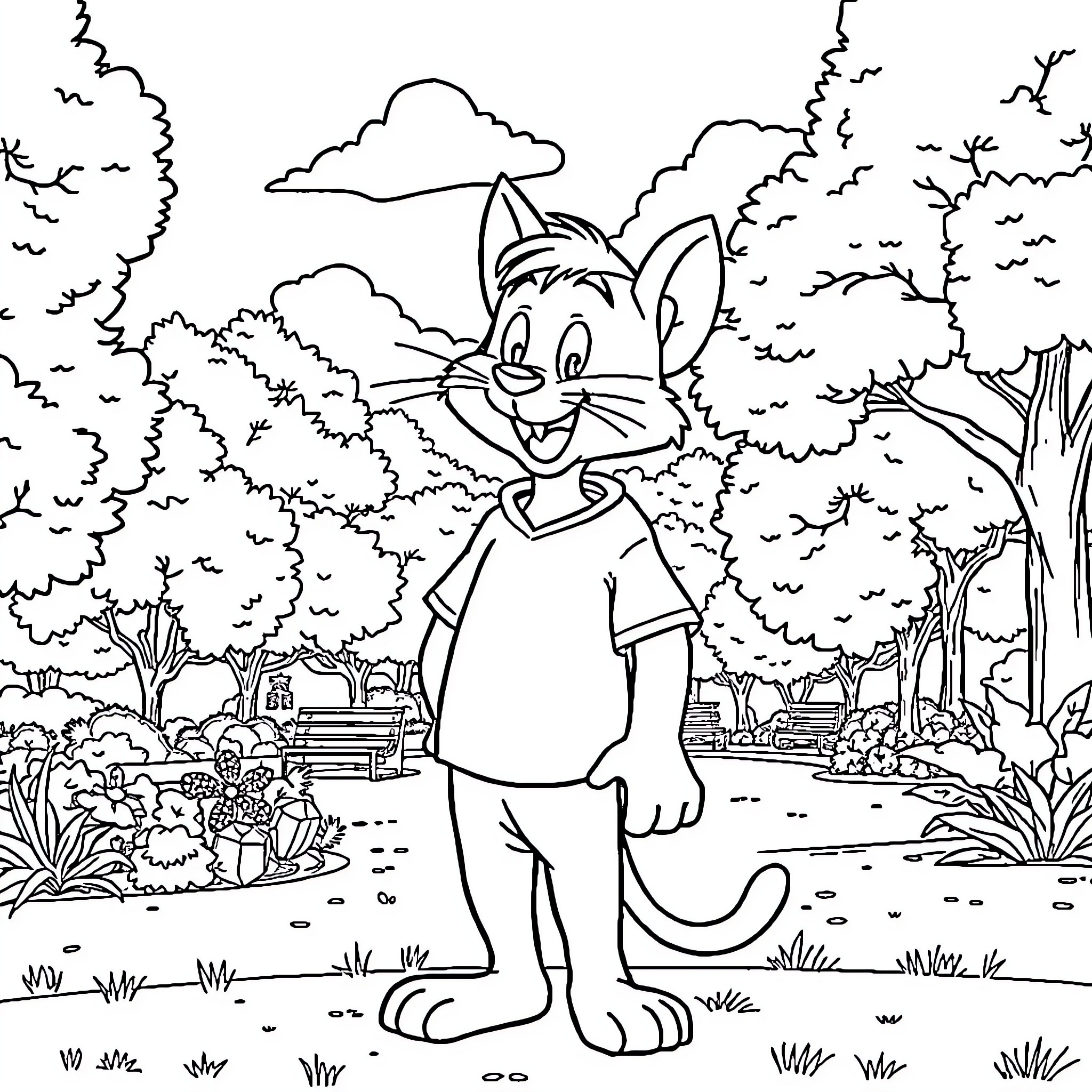 Tom Green in a whimsical forest landscape Coloring Page (free black-and-white line drawing printable PDF for all, from beginners to advanced learners, including children, teens, adults, and seniors)