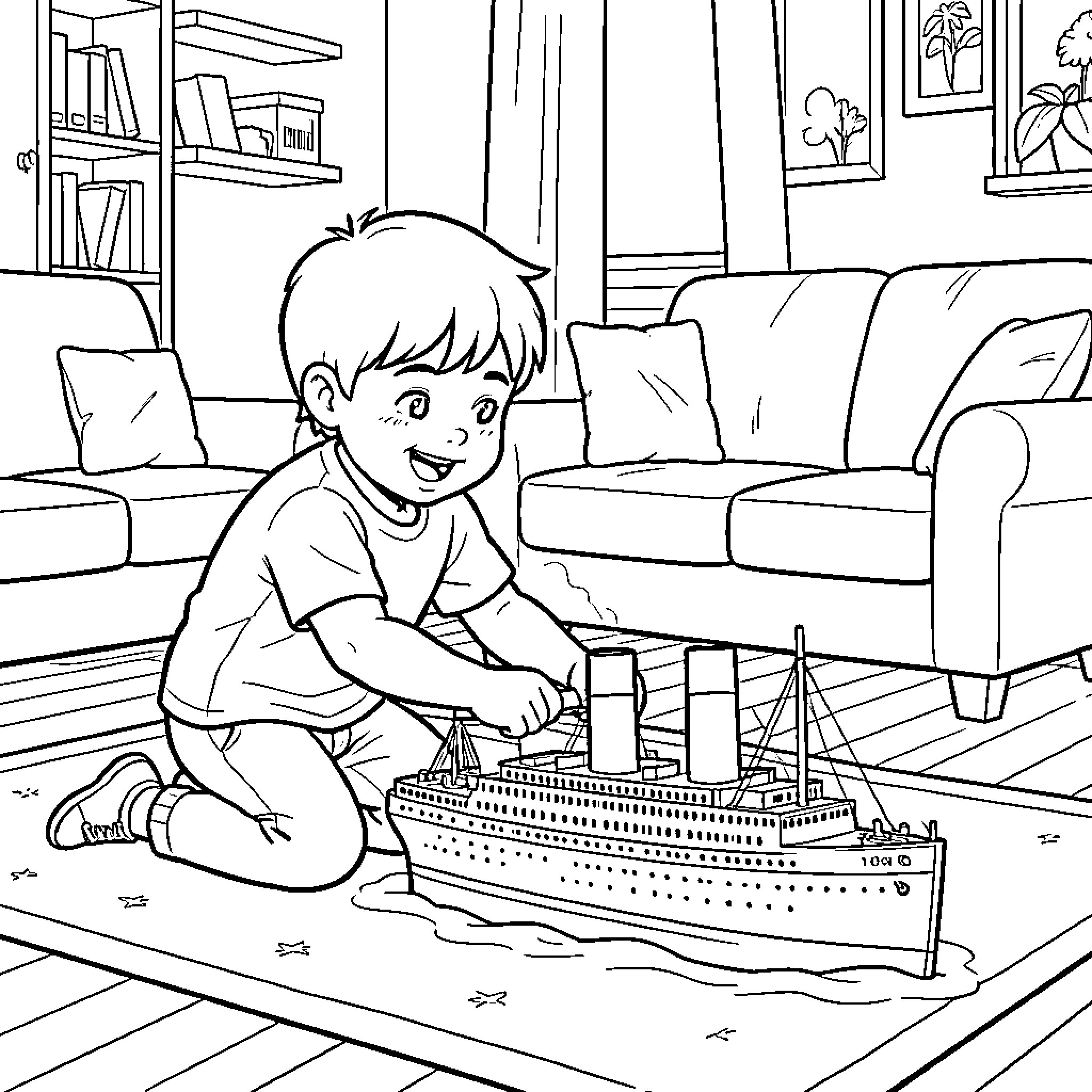 Boy playing happily with toy boat in living room Coloring Page (free black-and-white line drawing printable PDF for all, from beginners to advanced learners, including children, teens, adults, and seniors)