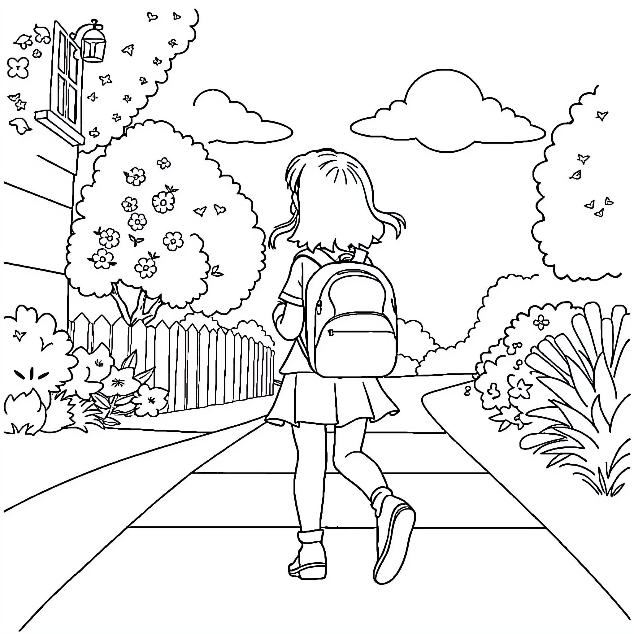 Girl walking home from school on a sunny day Coloring Page (free black-and-white line drawing printable PDF for all, from beginners to advanced learners, including children, teens, adults, and seniors)