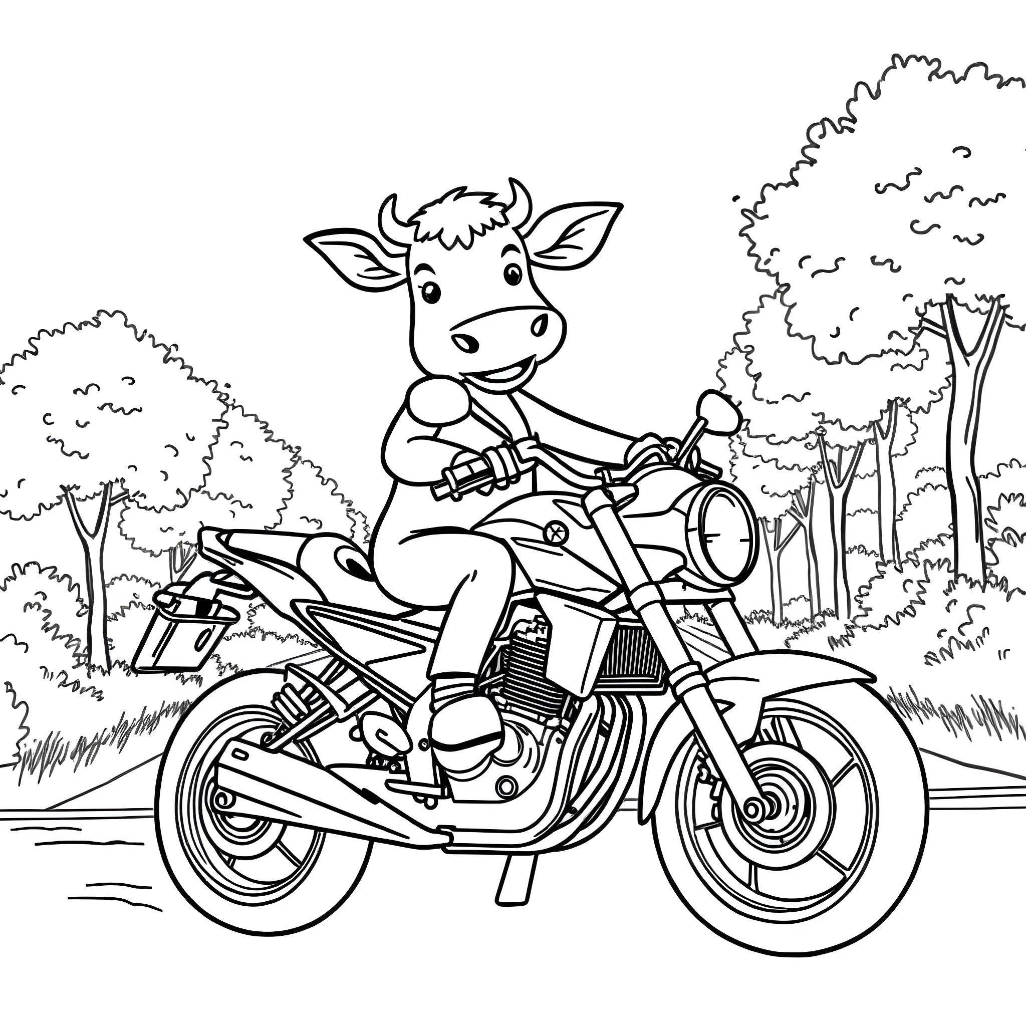 Cow riding a motorcycle in the countryside Coloring Page (free black-and-white line drawing printable PDF for all, from beginners to advanced learners, including children, teens, adults, and seniors)