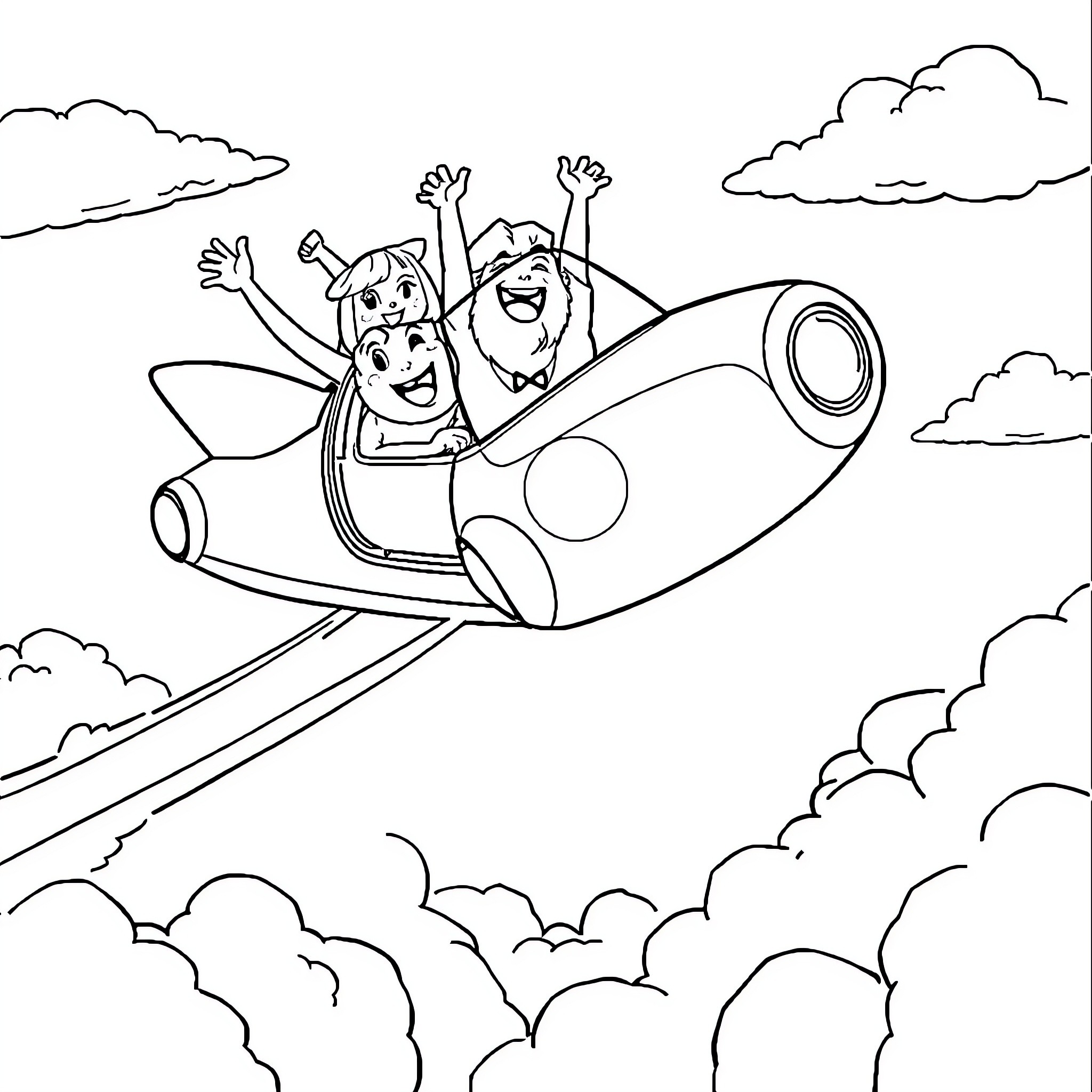 Flying Car with Joyful Passengers in the Sky Coloring Page (free black-and-white line drawing printable PDF for all, from beginners to advanced learners, including children, teens, adults, and seniors)