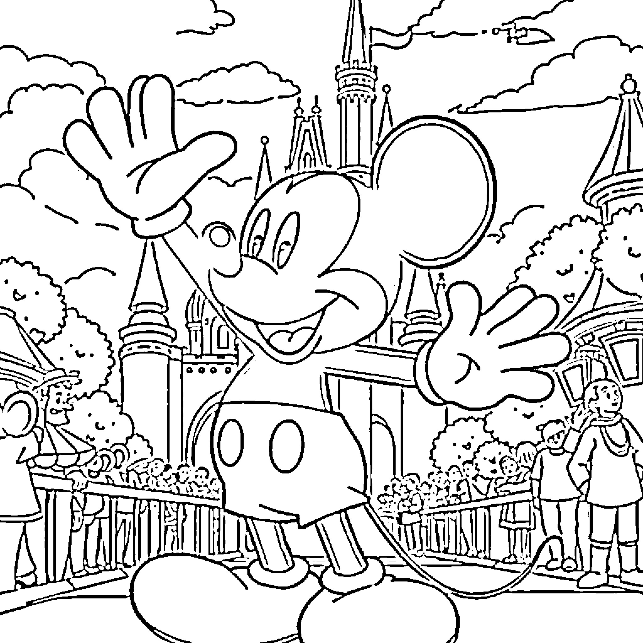 Mickey Mouse waving happily in front of castle Coloring Page (free black-and-white line drawing printable PDF for all, from beginners to advanced learners, including children, teens, adults, and seniors)