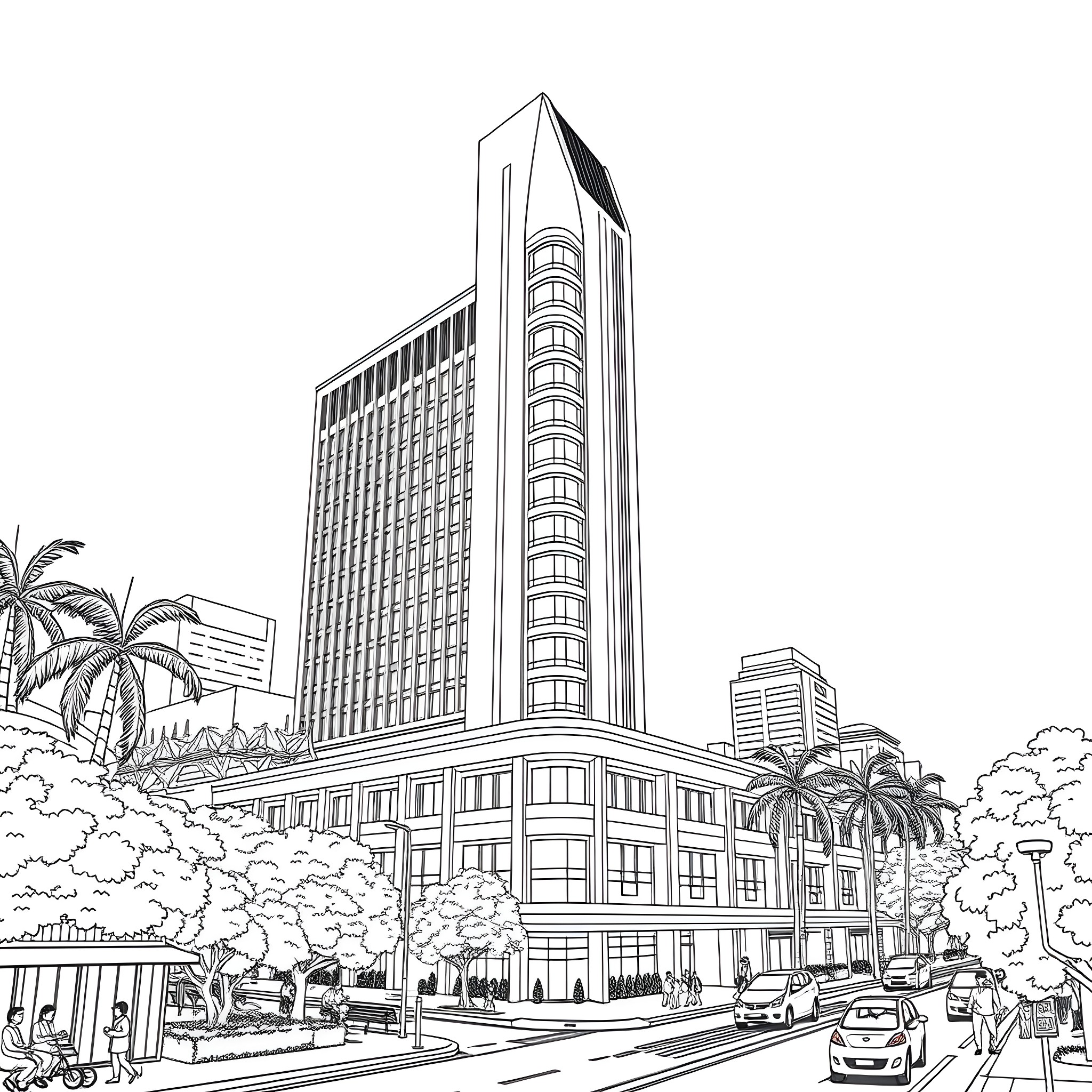Raffles Hospital: Architectural Landmark in the City Coloring Page (free black-and-white line drawing printable PDF for all, from beginners to advanced learners, including children, teens, adults, and seniors)