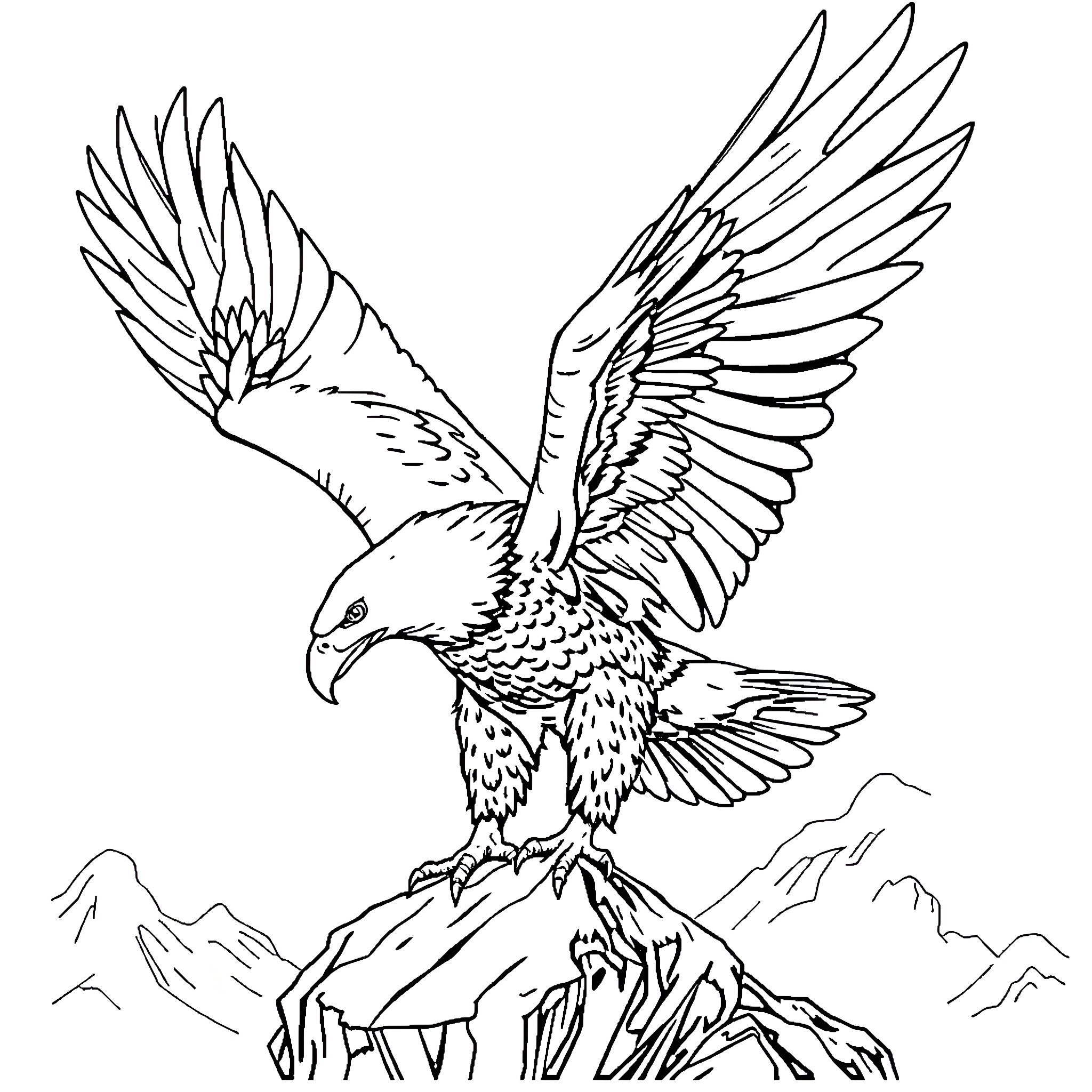 Bald Eagle soaring majestically over mountain peaks Coloring Page (free black-and-white line drawing printable PDF for all, from beginners to advanced learners, including children, teens, adults, and seniors)