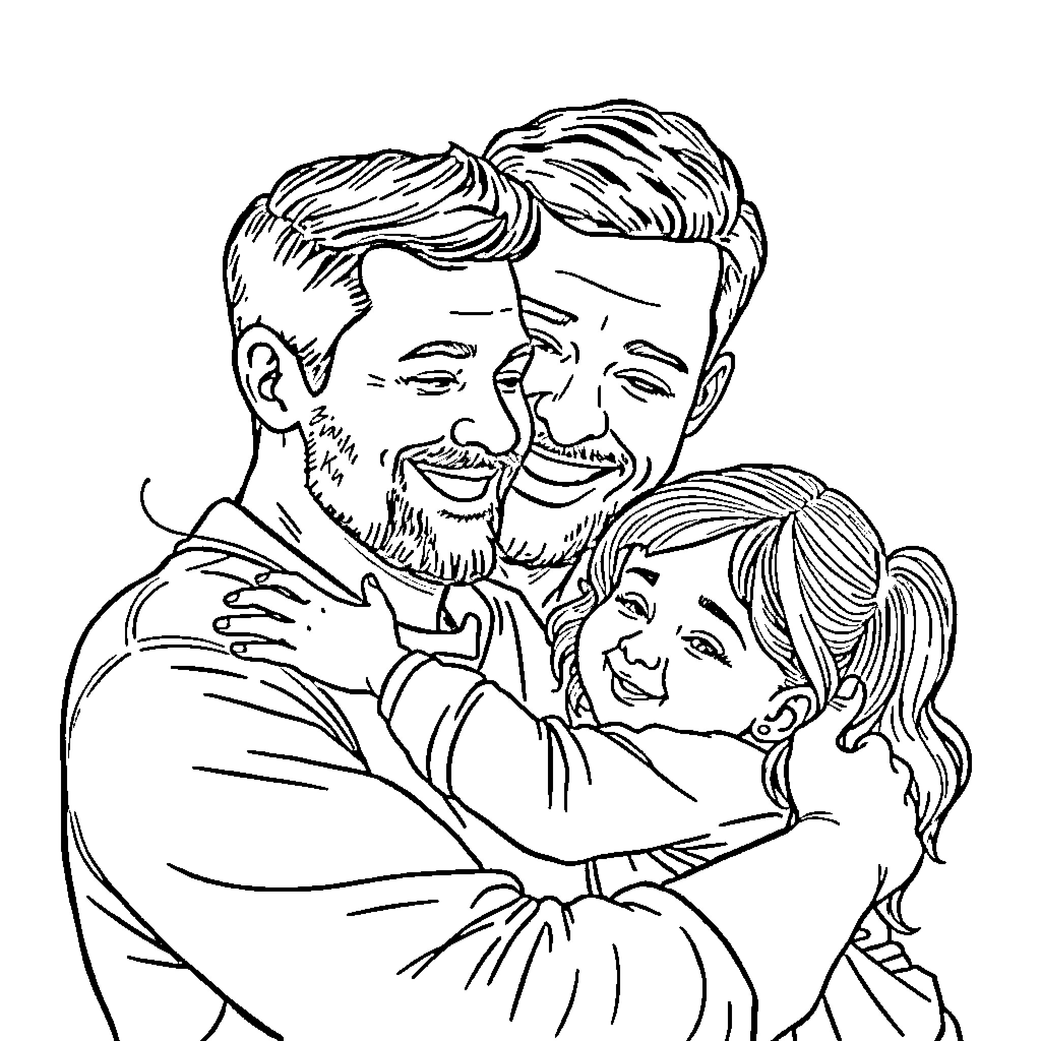 Dad hugging his daughter affectionately Coloring Page (free black-and-white line drawing printable PDF for all, from beginners to advanced learners, including children, teens, adults, and seniors)