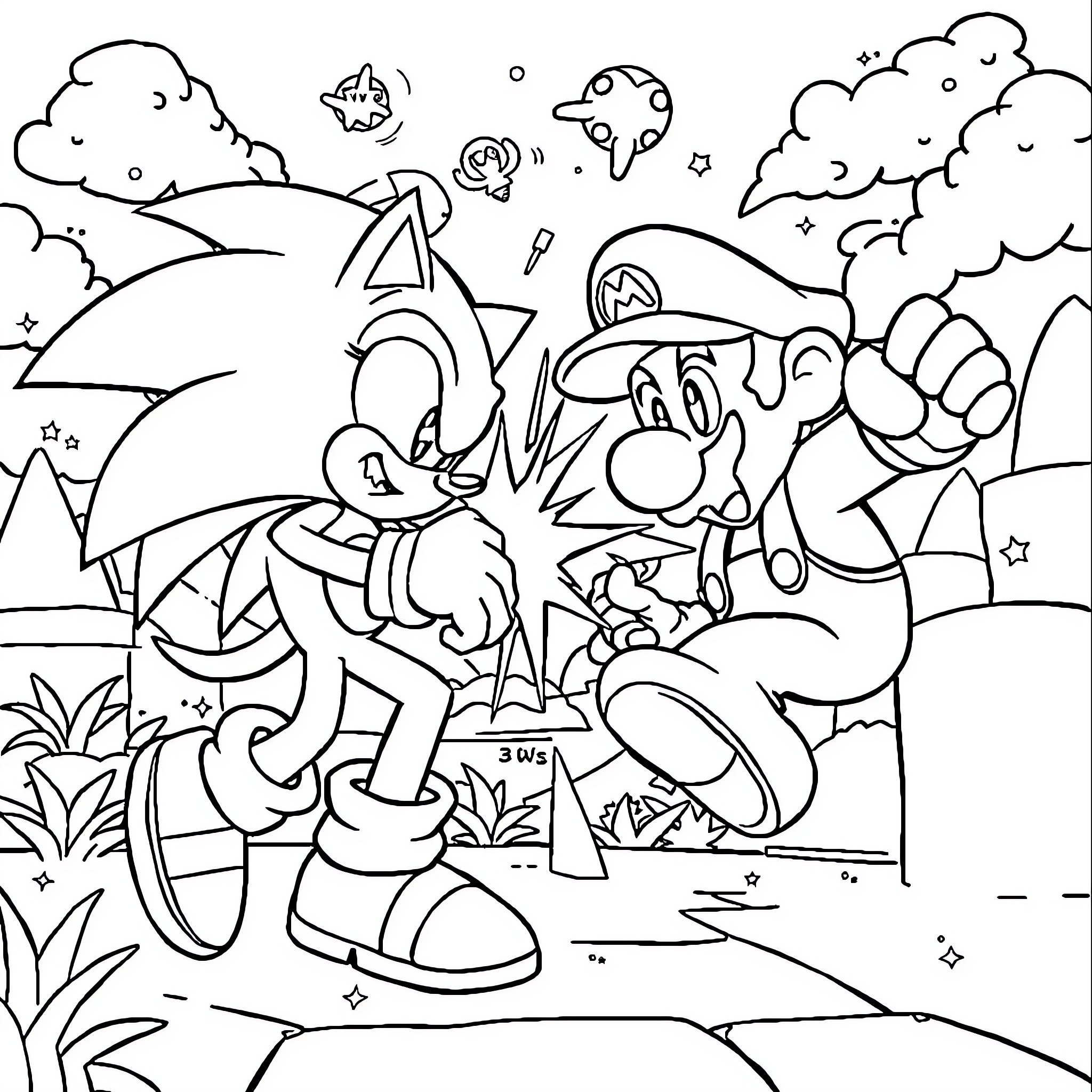Sonic characters in an adventurous outdoor scene Coloring Page (free black-and-white line drawing printable PDF for all, from beginners to advanced learners, including children, teens, adults, and seniors)