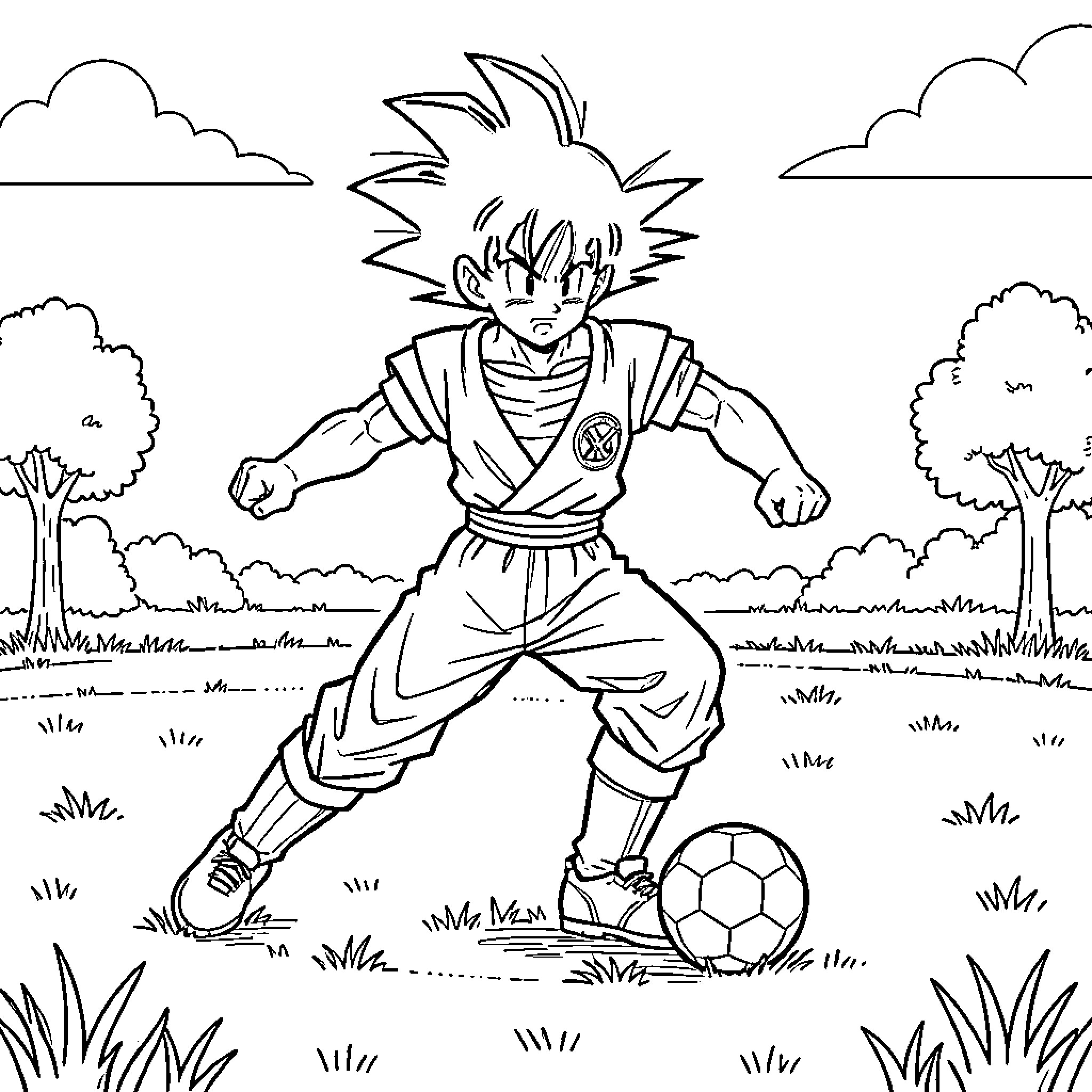 Son Goku playing soccer in a grassy field Coloring Page (free black-and-white line drawing printable PDF for all, from beginners to advanced learners, including children, teens, adults, and seniors)