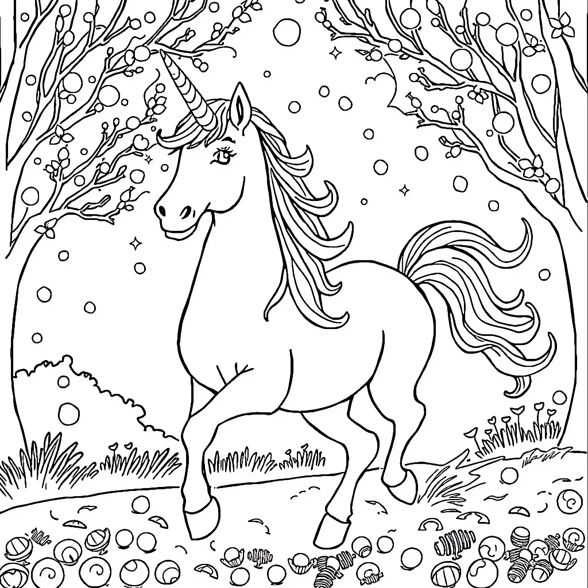 Unicorn frolicking amidst enchanted forest scenery Coloring Page (free black-and-white line drawing printable PDF for all, from beginners to advanced learners, including children, teens, adults, and seniors)