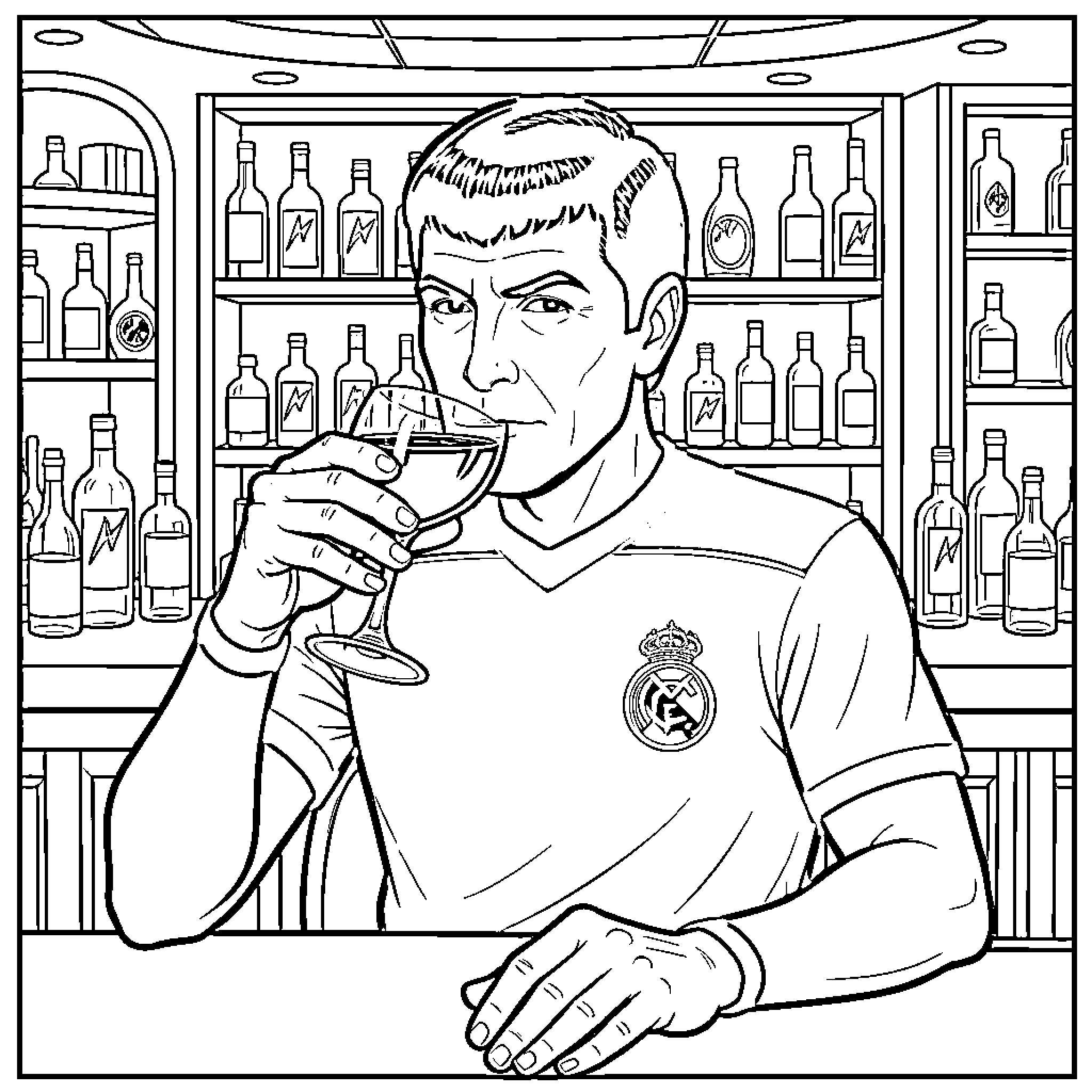 Spock enjoying a glass of wine in a bar Coloring Page (free black-and-white line drawing printable PDF for all, from beginners to advanced learners, including children, teens, adults, and seniors)