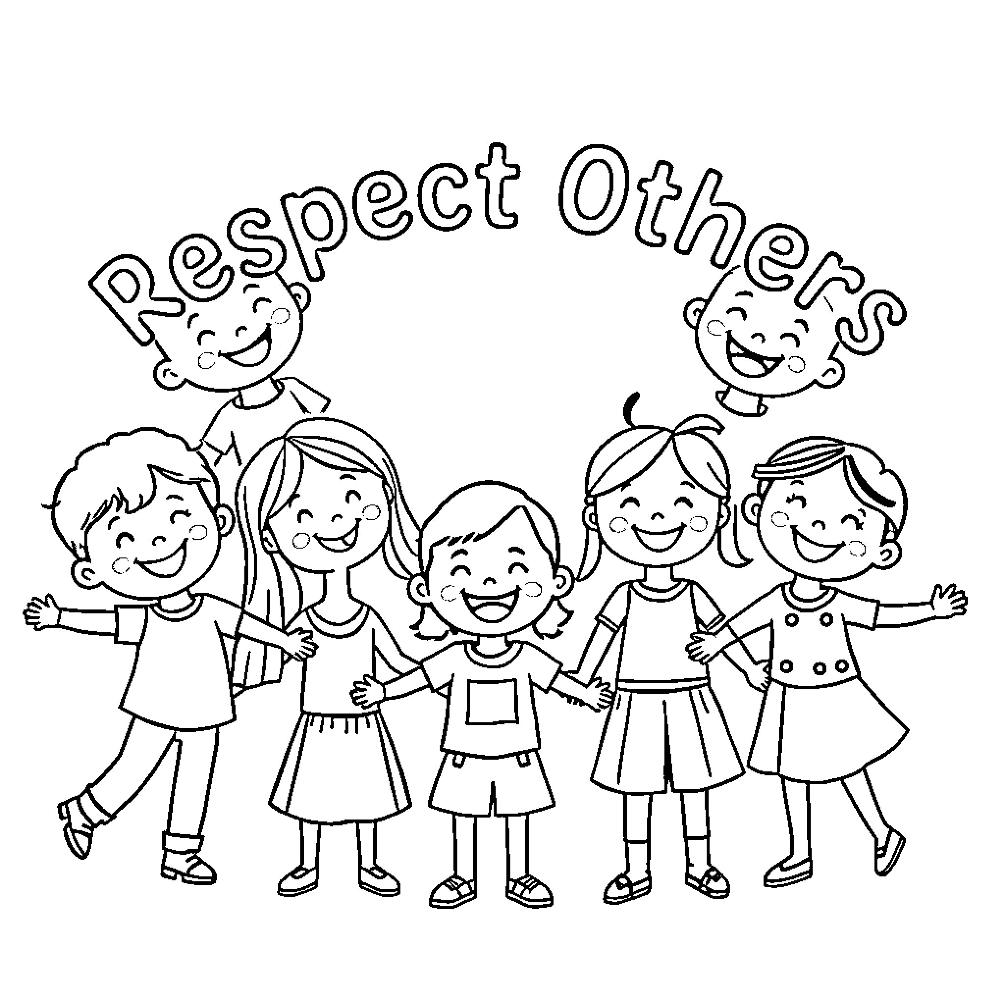 Children Expressing Respect and Kindness Together Coloring Page (free black-and-white line drawing printable PDF for all, from beginners to advanced learners, including children, teens, adults, and seniors)