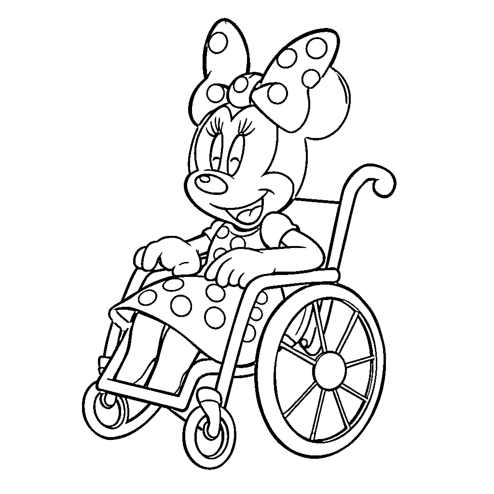 Minnie Mouse in wheelchair with polka dots Coloring Page (free black-and-white line drawing printable PDF for all, from beginners to advanced learners, including children, teens, adults, and seniors)