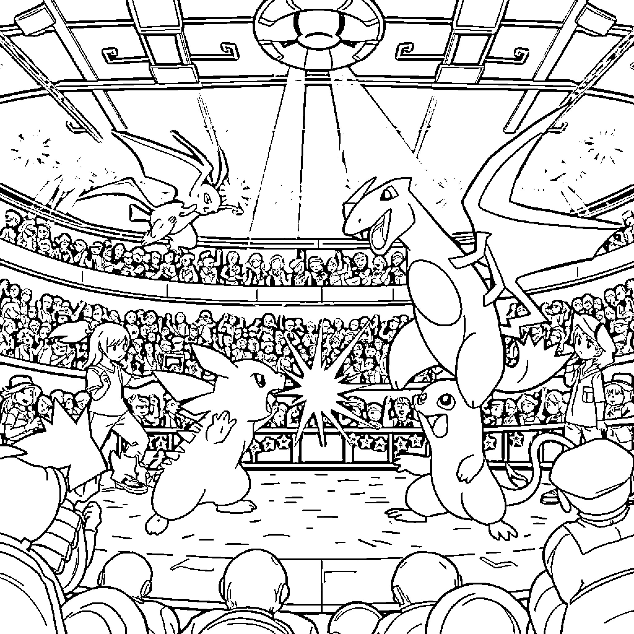 Pokémon Battle in the Arena Coloring Page (free black-and-white line drawing printable PDF for all, from beginners to advanced learners, including children, teens, adults, and seniors)