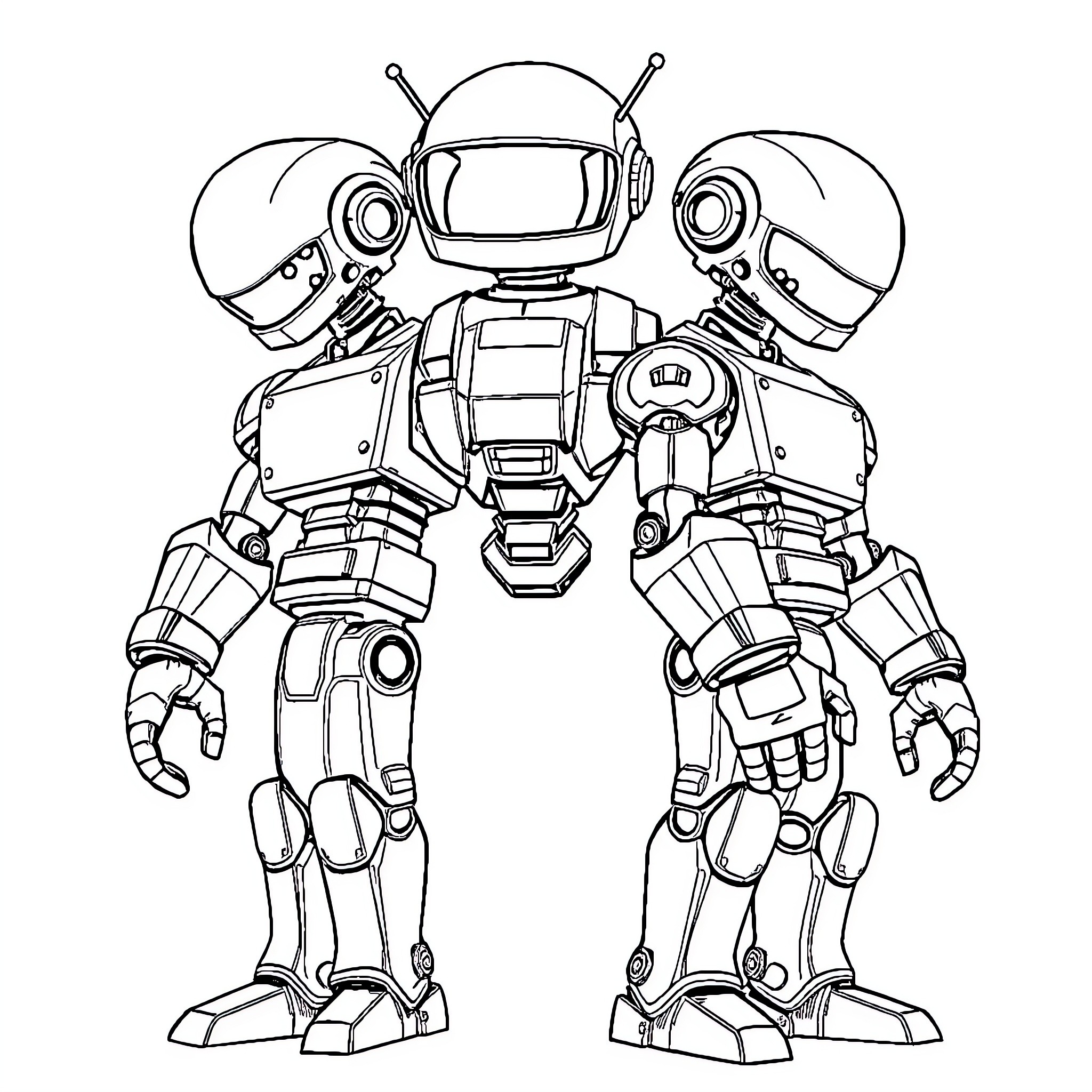 Robot with multiple arms and attachments Coloring Page (free black-and-white line drawing printable PDF for all, from beginners to advanced learners, including children, teens, adults, and seniors)