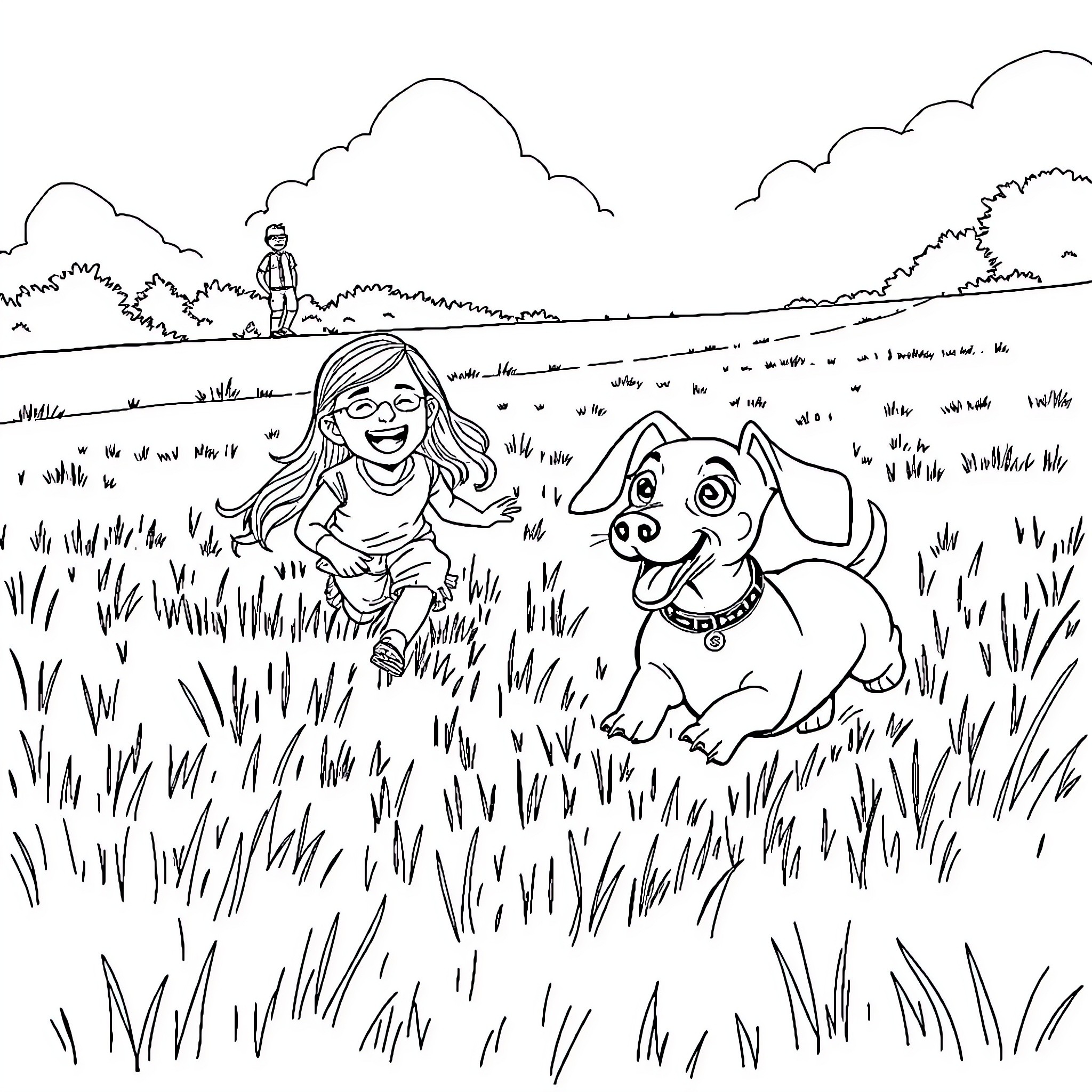 Dachshund enjoying a playful day with a young person Coloring Page (free black-and-white line drawing printable PDF for all, from beginners to advanced learners, including children, teens, adults, and seniors)