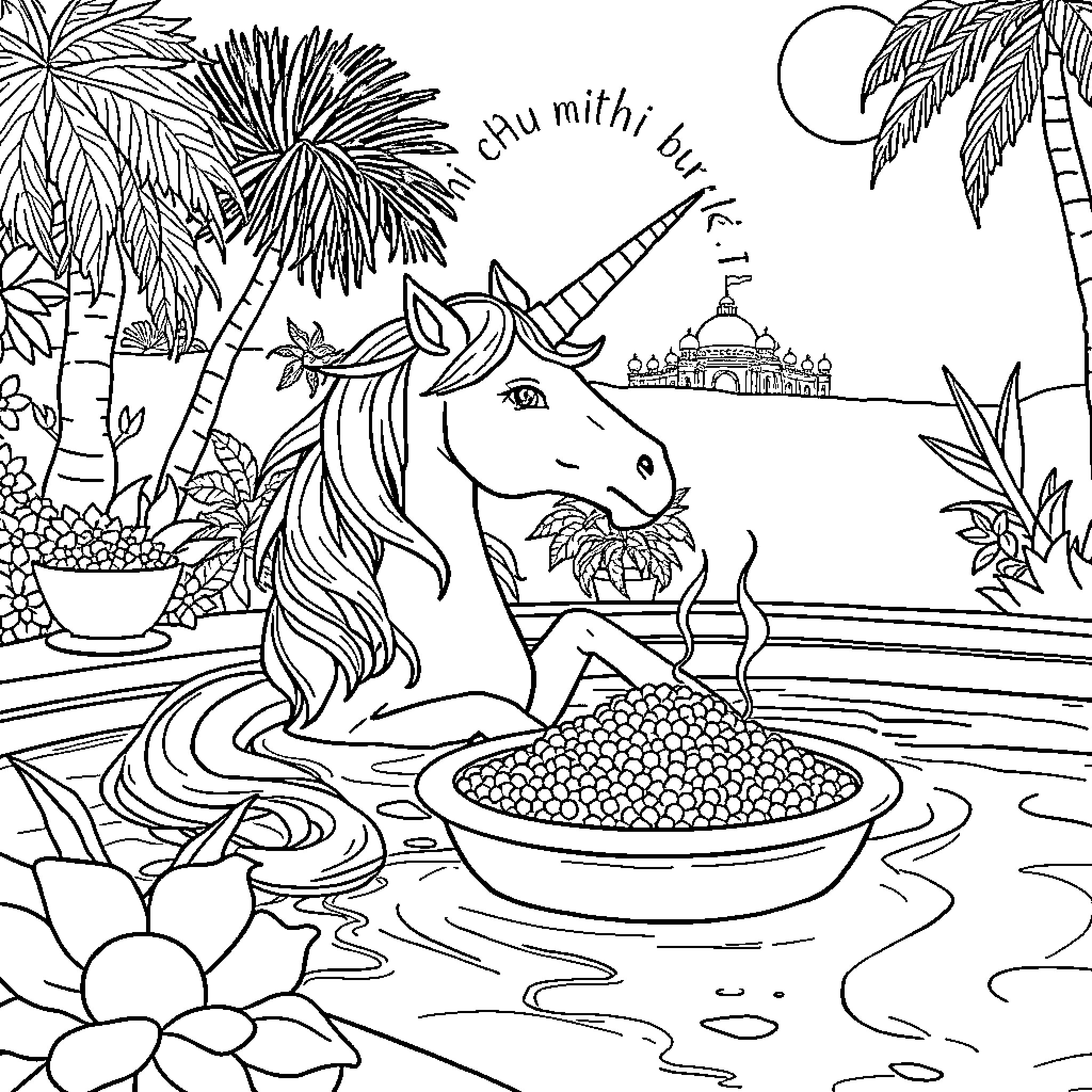 Licorne in a Magical Garden Coloring Page (free black-and-white line drawing printable PDF for all, from beginners to advanced learners, including children, teens, adults, and seniors)