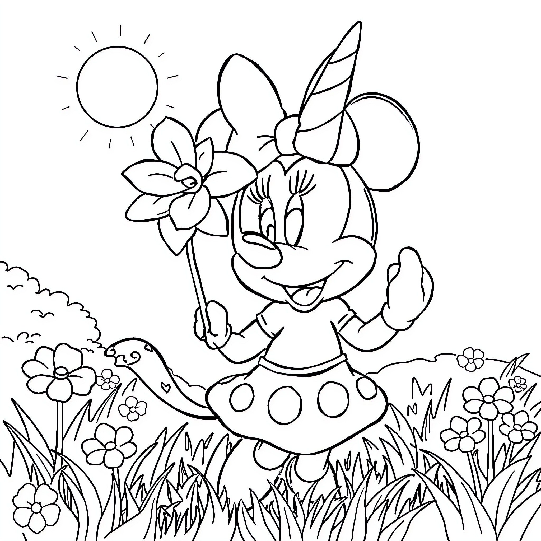 Minnie enjoying flowers and nature outdoors Coloring Page (free black-and-white line drawing printable PDF for all, from beginners to advanced learners, including children, teens, adults, and seniors)