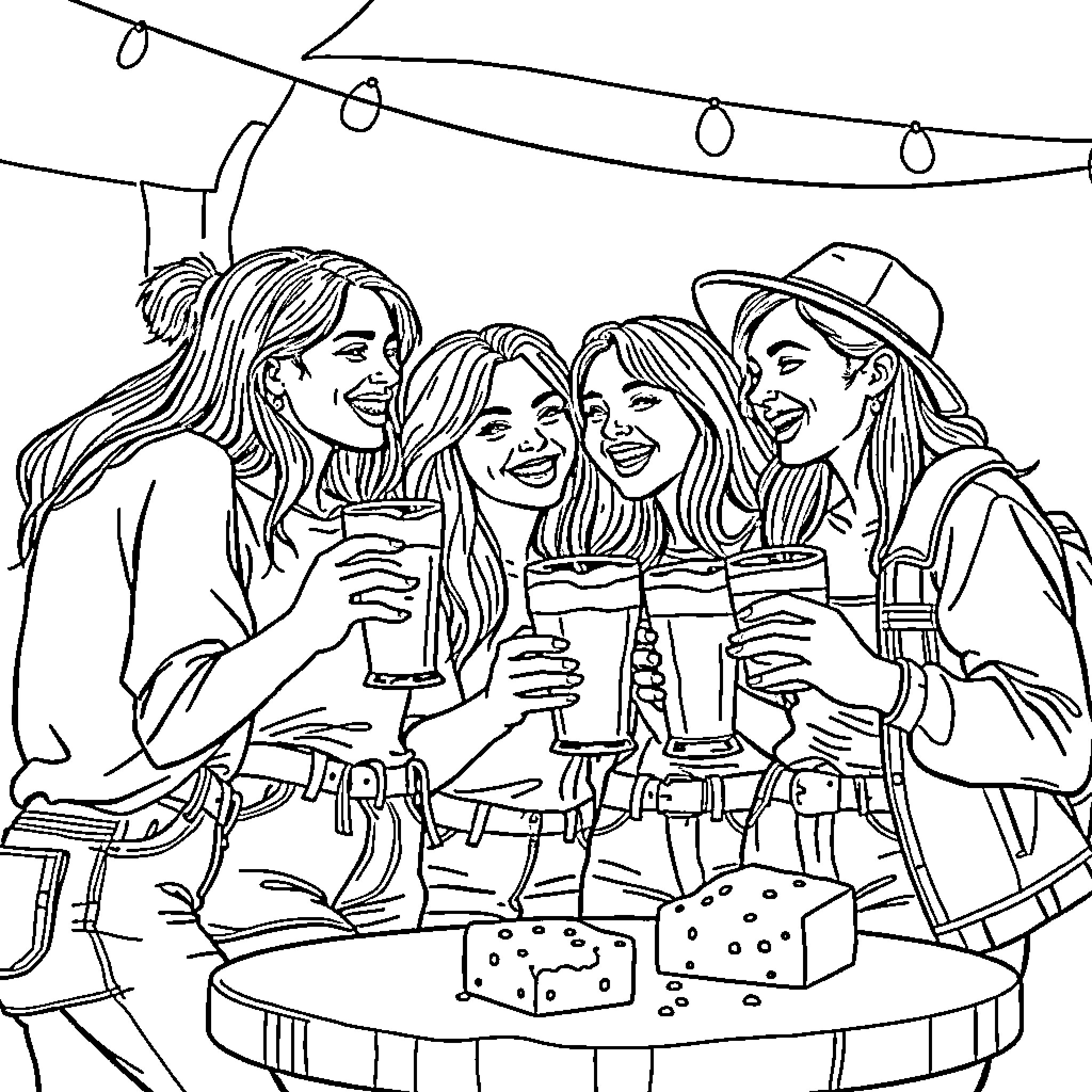 Group of friends socializing and celebrating together Coloring Page (free black-and-white line drawing printable PDF for all, from beginners to advanced learners, including children, teens, adults, and seniors)