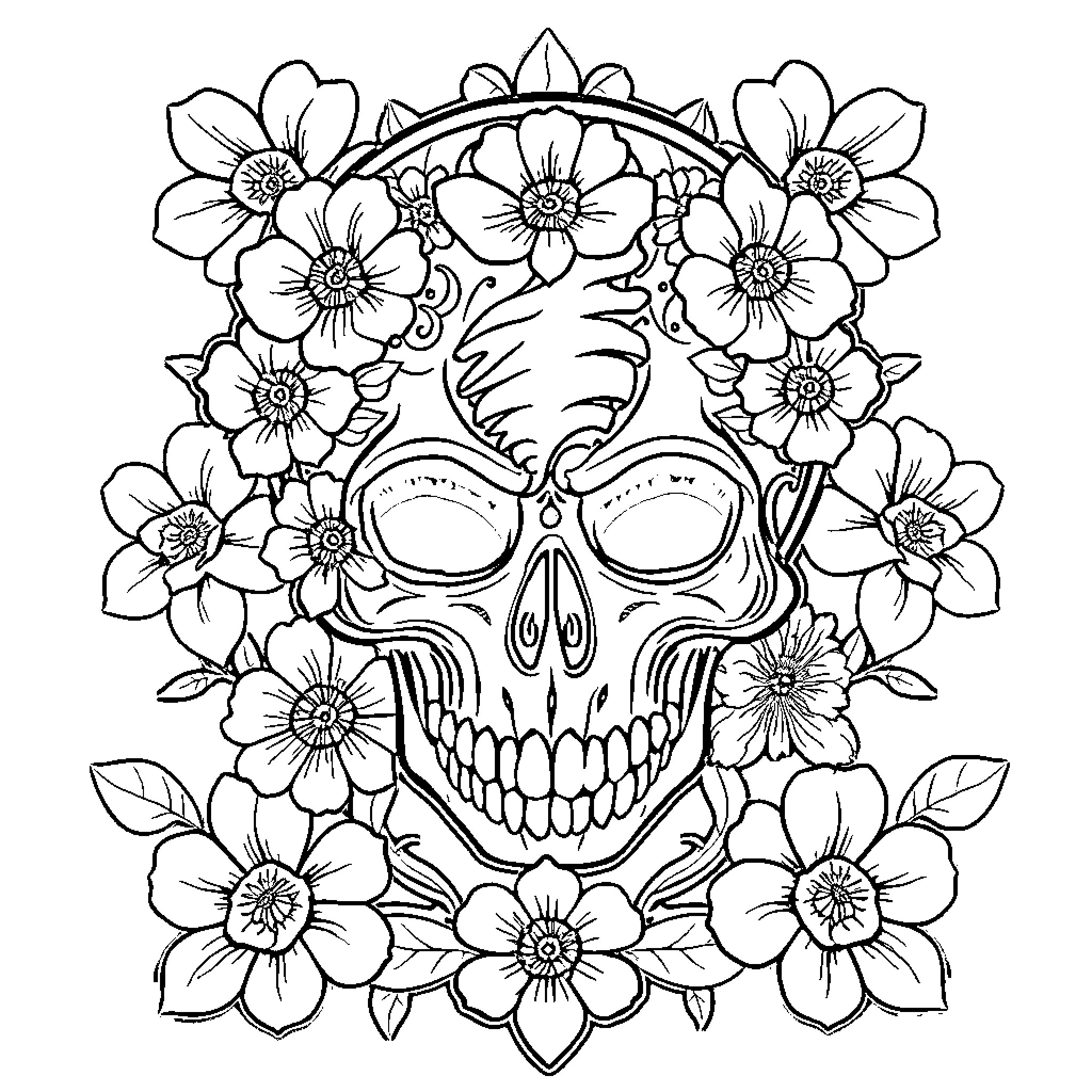 Skull surrounded by intricate floral patterns Coloring Page (free black-and-white line drawing printable PDF for all, from beginners to advanced learners, including children, teens, adults, and seniors)