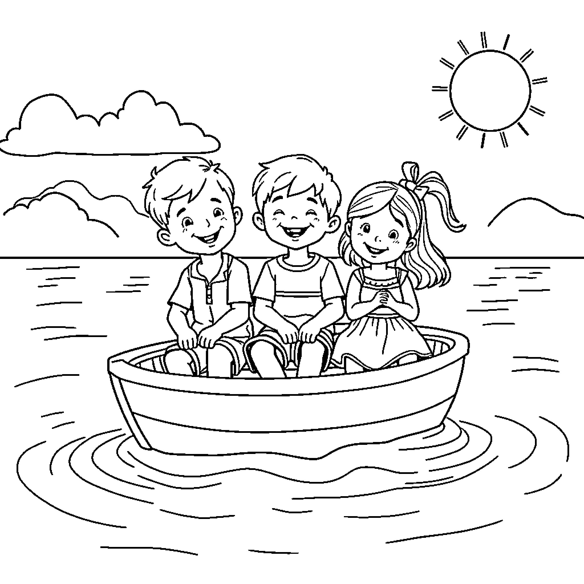 Children playing happily in a boat on the water Coloring Page (free black-and-white line drawing printable PDF for all, from beginners to advanced learners, including children, teens, adults, and seniors)