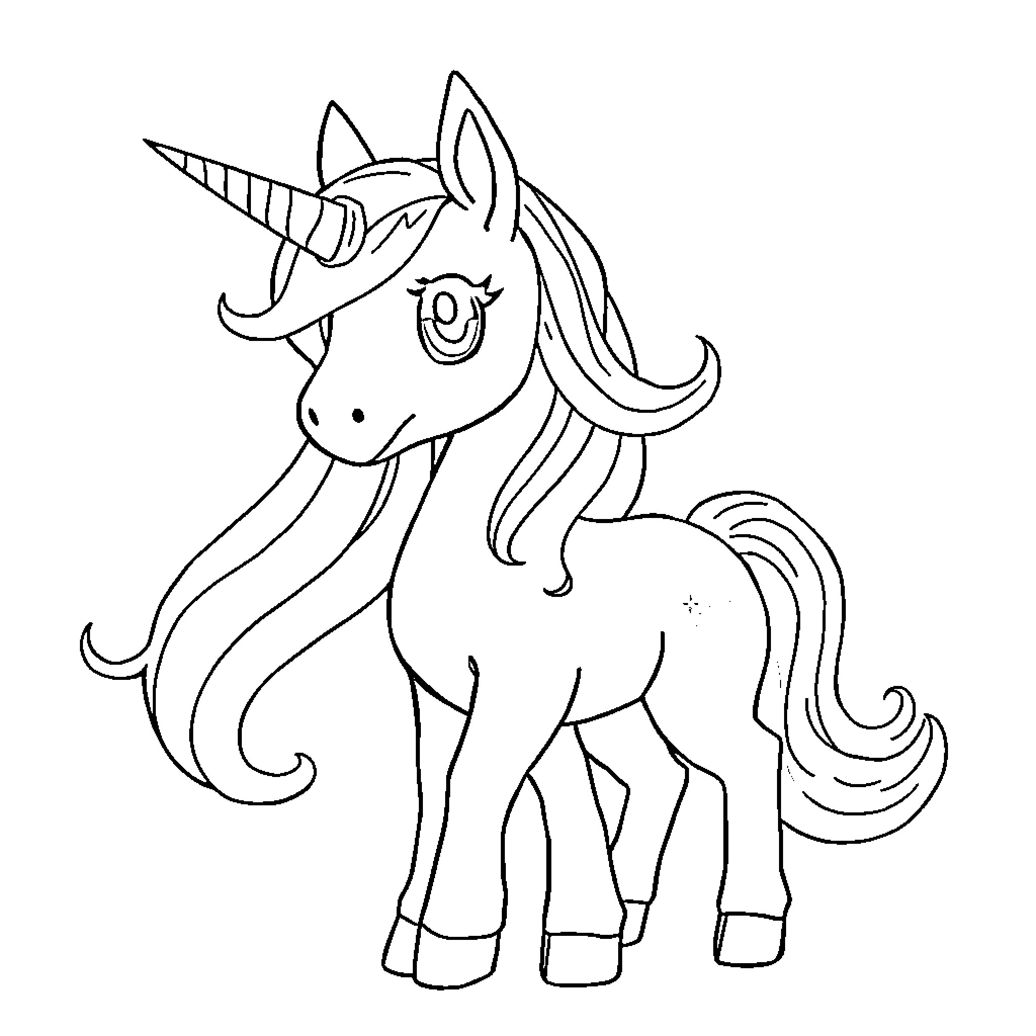 Unicorn standing proudly with enchanting features Coloring Page (free black-and-white line drawing printable PDF for all, from beginners to advanced learners, including children, teens, adults, and seniors)