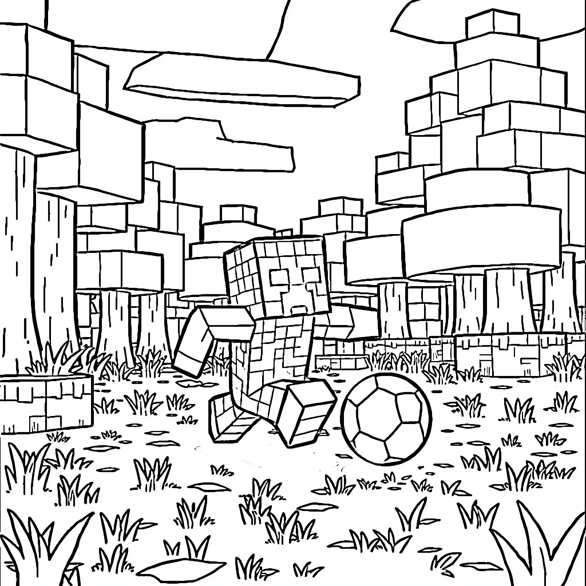 Creeper exploring surreal cubist cityscape with soccer ball Coloring Page (free black-and-white line drawing printable PDF for all, from beginners to advanced learners, including children, teens, adults, and seniors)
