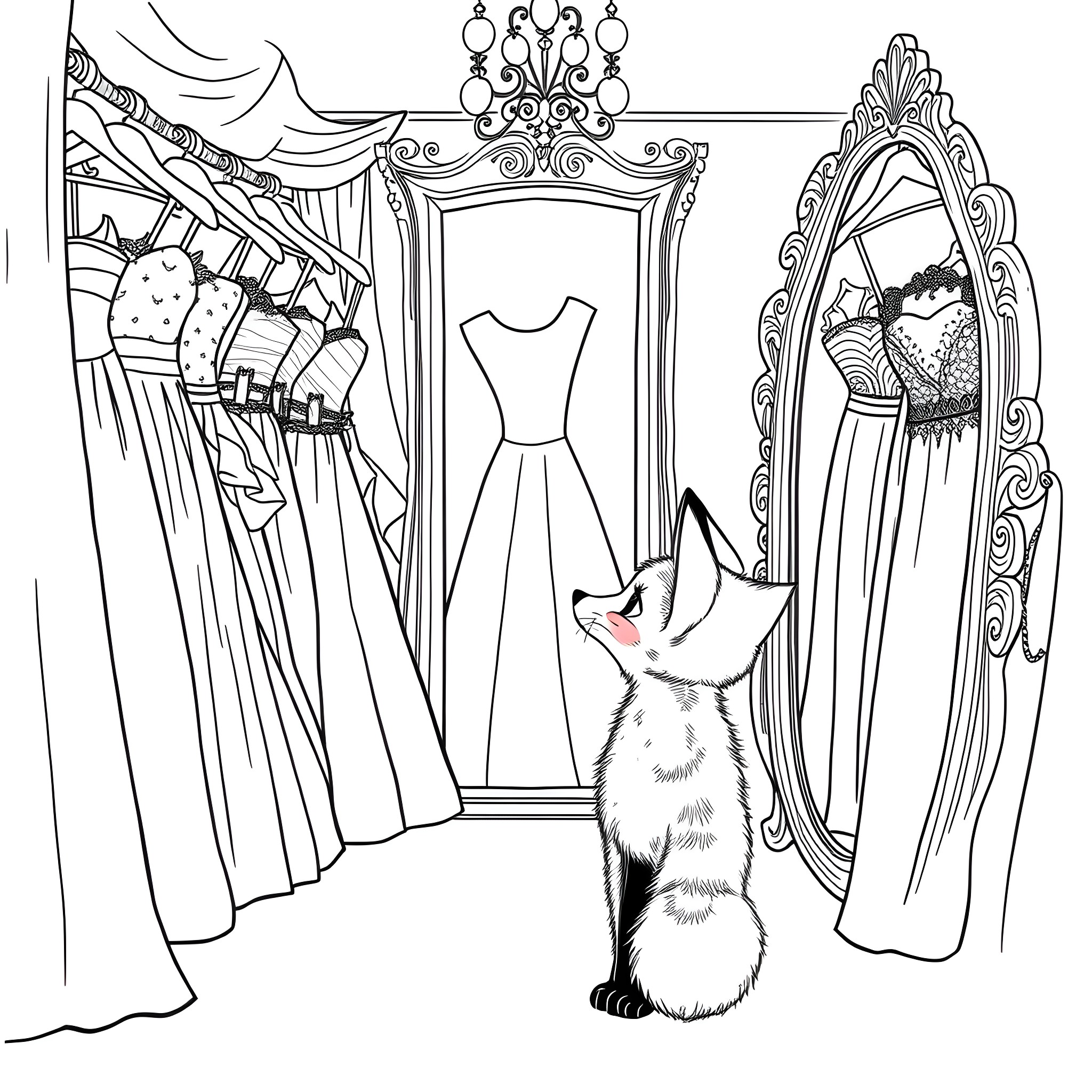 Fox explores fashionable wardrobe accessories Coloring Page (free black-and-white line drawing printable PDF for all, from beginners to advanced learners, including children, teens, adults, and seniors)