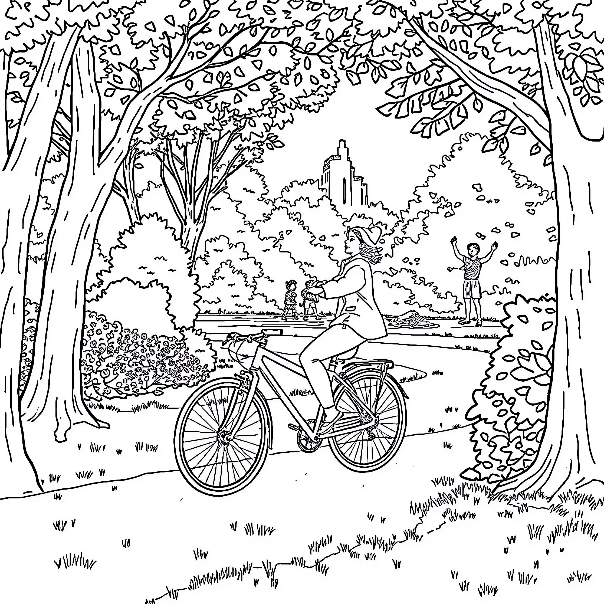 Elea's Joyful Bicycle Ride through the Enchanted Forest Coloring Page (free black-and-white line drawing printable PDF for all, from beginners to advanced learners, including children, teens, adults, and seniors)