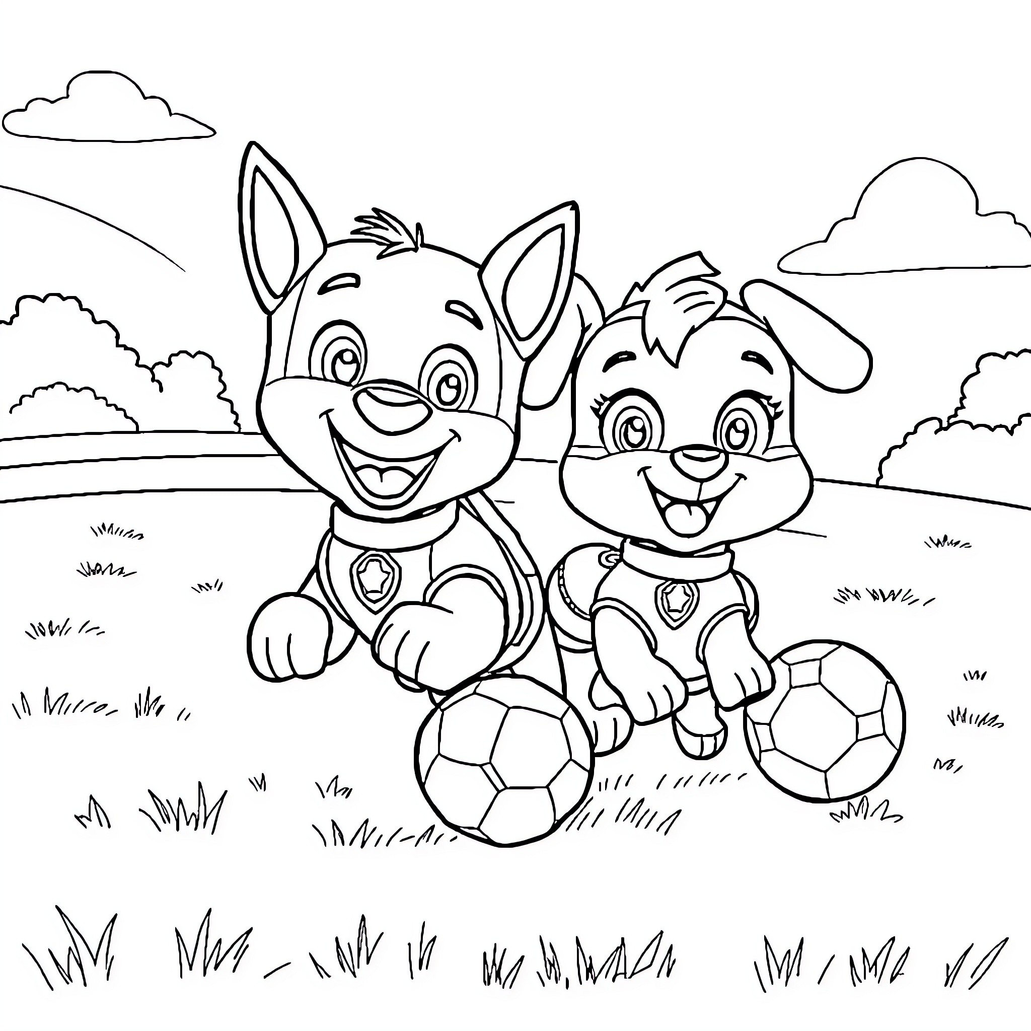 Bluey and Bingo Playing with Soccer Ball Coloring Page (free black-and-white line drawing printable PDF for all, from beginners to advanced learners, including children, teens, adults, and seniors)