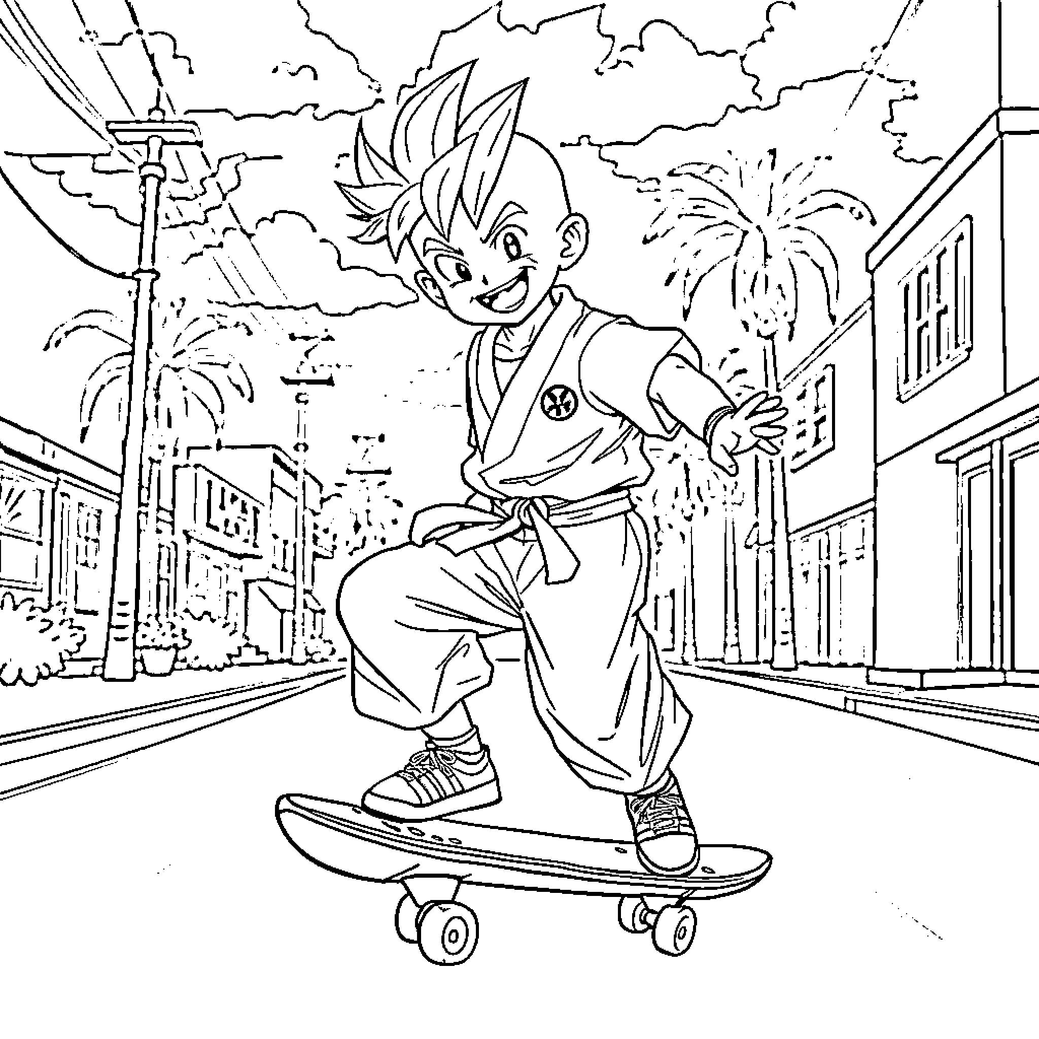 Krillin skateboarding through the city streets Coloring Page (free black-and-white line drawing printable PDF for all, from beginners to advanced learners, including children, teens, adults, and seniors)