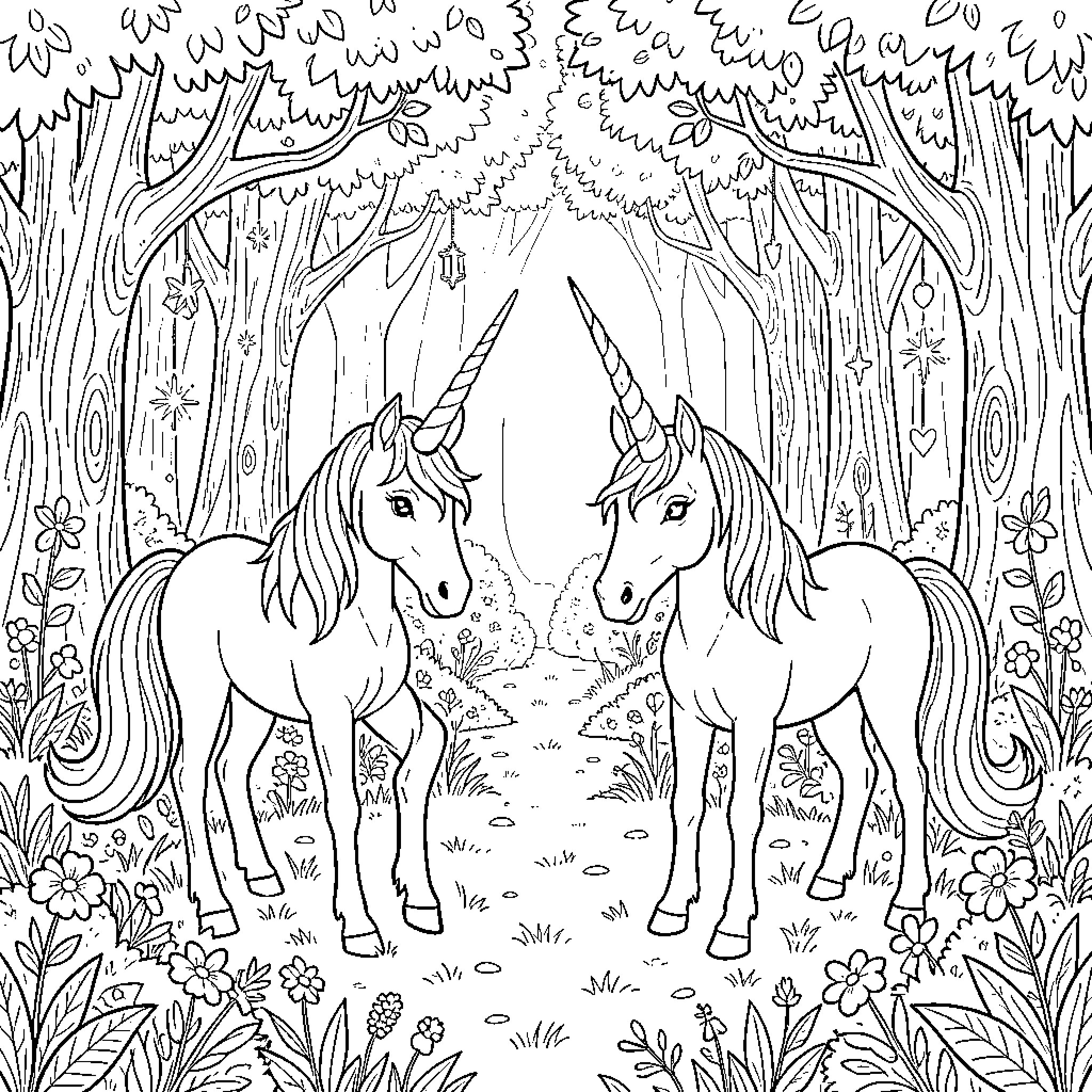 Unicorn pair exploring the enchanted forest Coloring Page (free black-and-white line drawing printable PDF for all, from beginners to advanced learners, including children, teens, adults, and seniors)