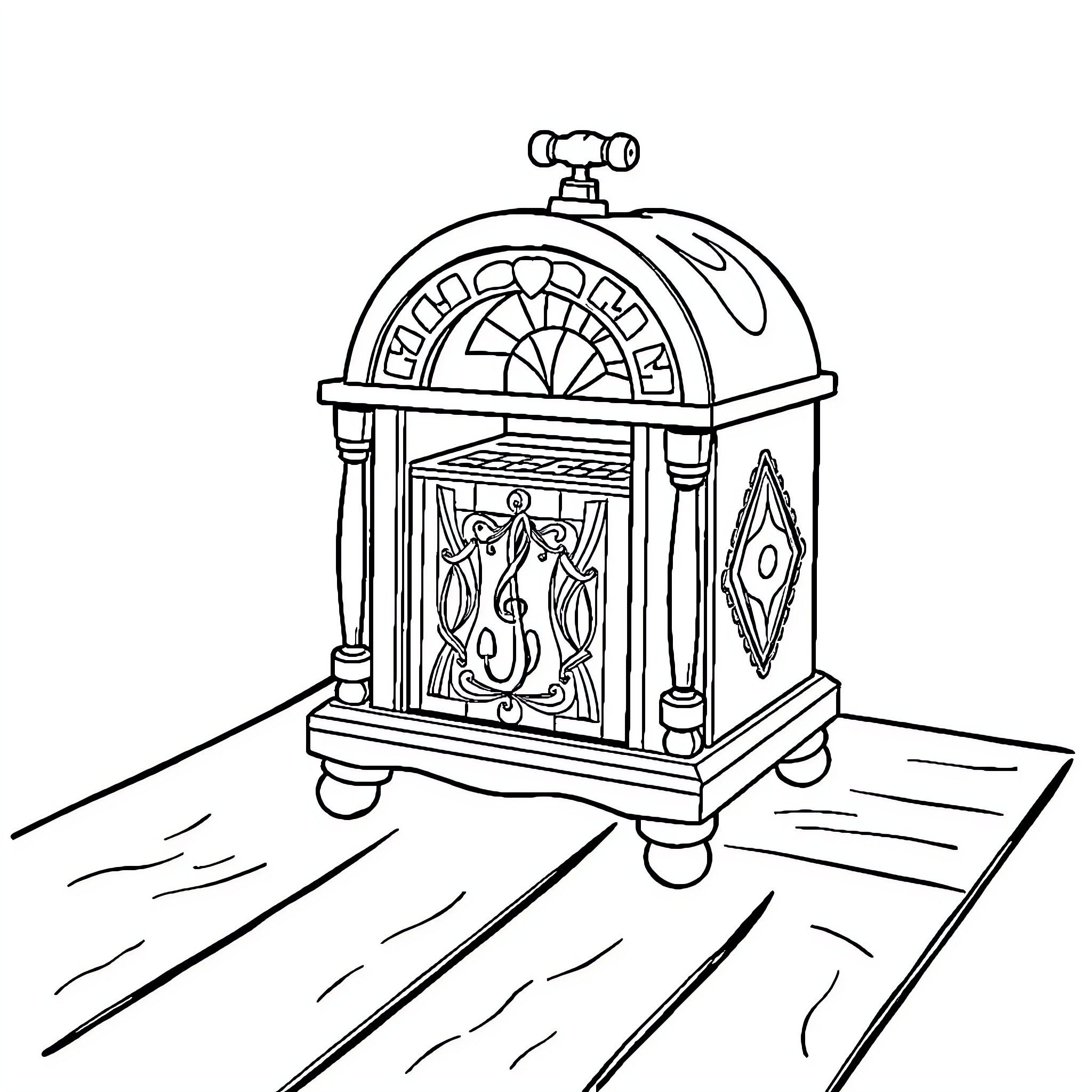 Music Box with Ornate Design on Wooden Table Coloring Page (free black-and-white line drawing printable PDF for all, from beginners to advanced learners, including children, teens, adults, and seniors)