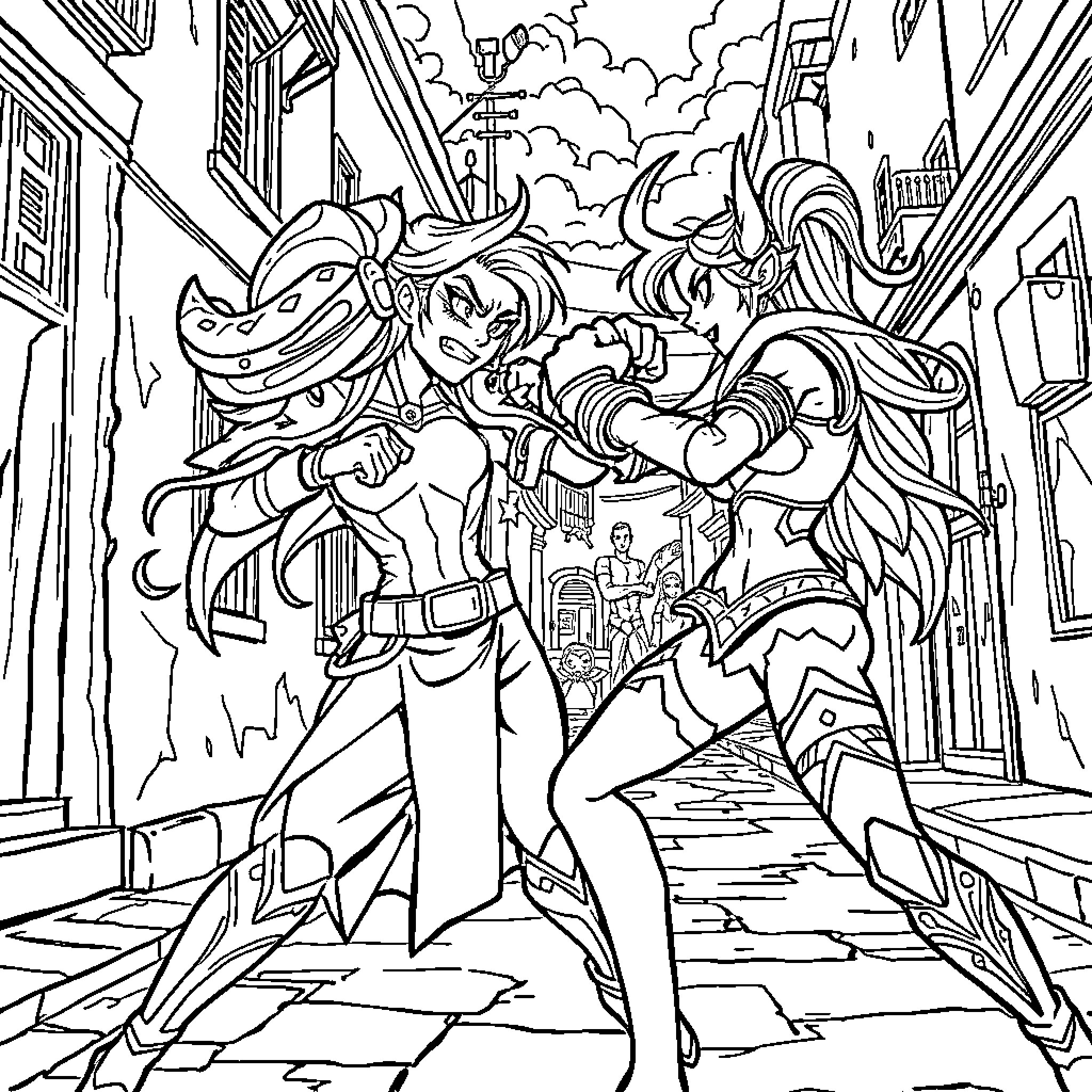 Jinx and Pals Unleash Chaos in the City Coloring Page (free black-and-white line drawing printable PDF for all, from beginners to advanced learners, including children, teens, adults, and seniors)