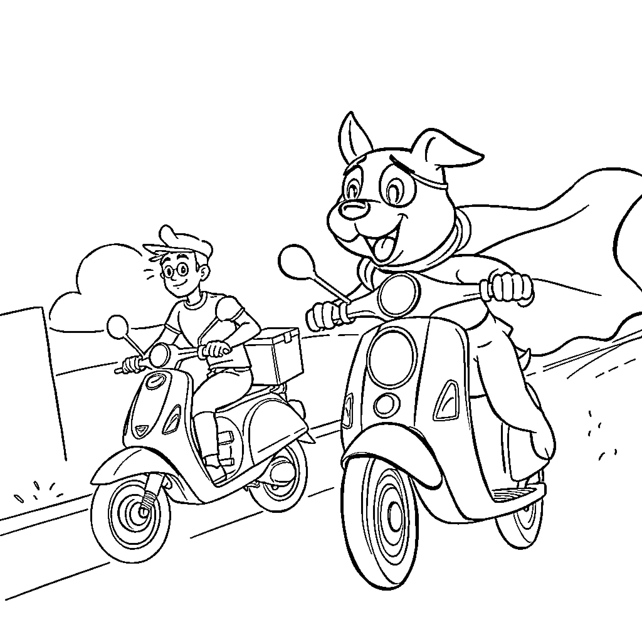 Flying Dog Riding Scooters with Friend Coloring Page (free black-and-white line drawing printable PDF for all, from beginners to advanced learners, including children, teens, adults, and seniors)