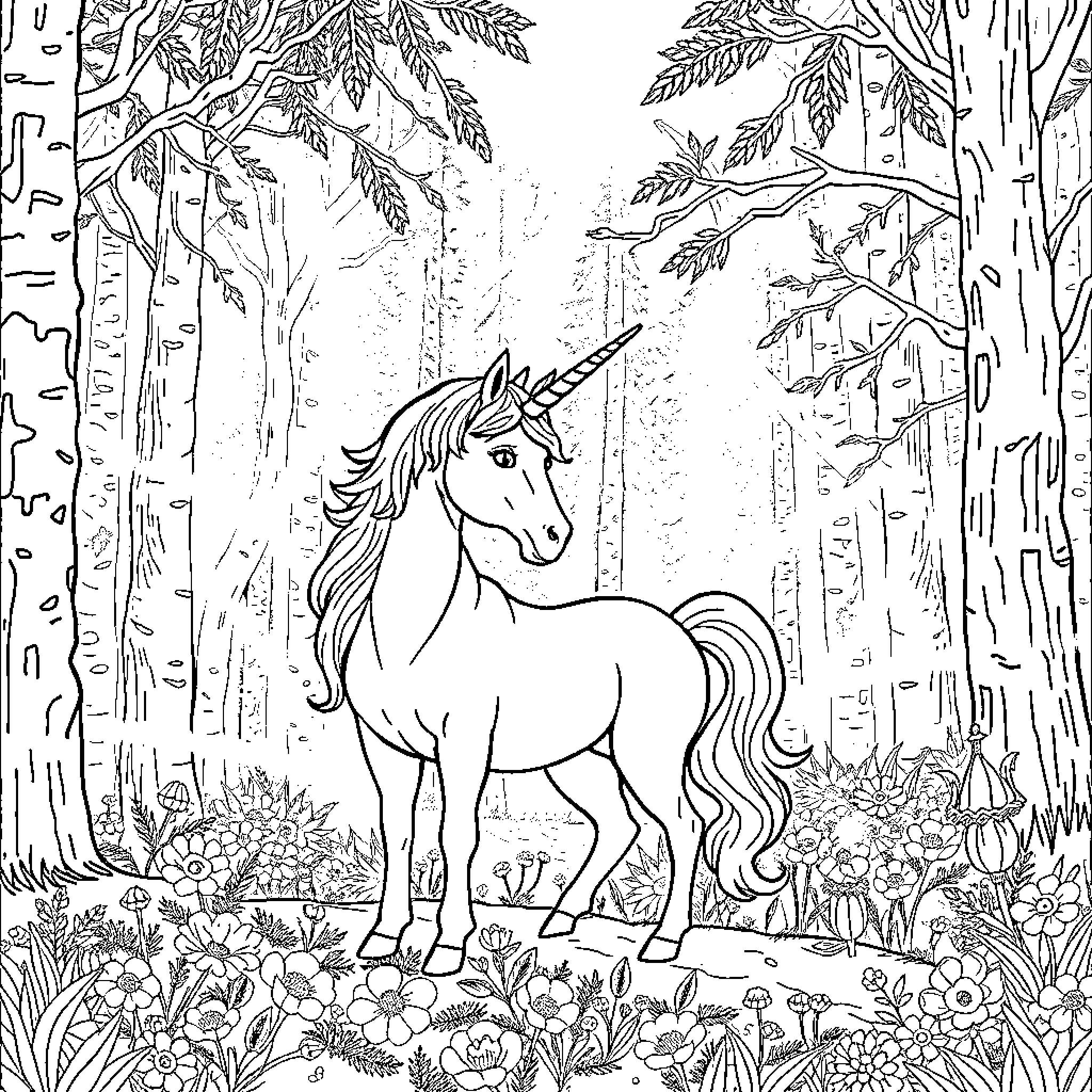 Unicorn standing in a magical forest landscape Coloring Page (free black-and-white line drawing printable PDF for all, from beginners to advanced learners, including children, teens, adults, and seniors)