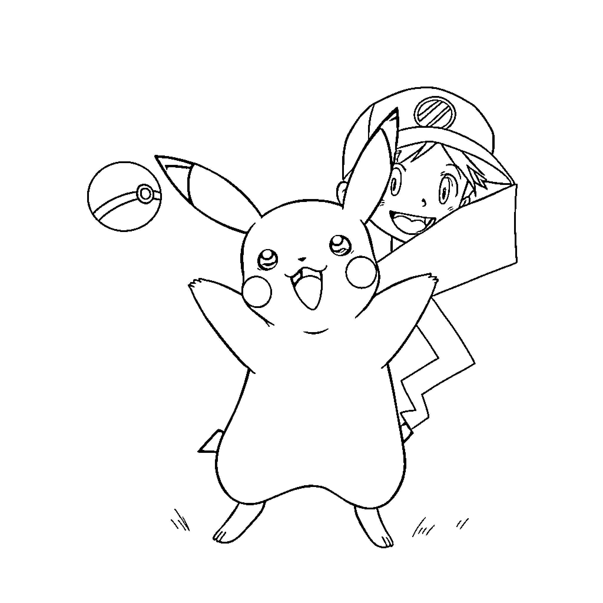 Pikachu playing with a young trainer Coloring Page (free black-and-white line drawing printable PDF for all, from beginners to advanced learners, including children, teens, adults, and seniors)