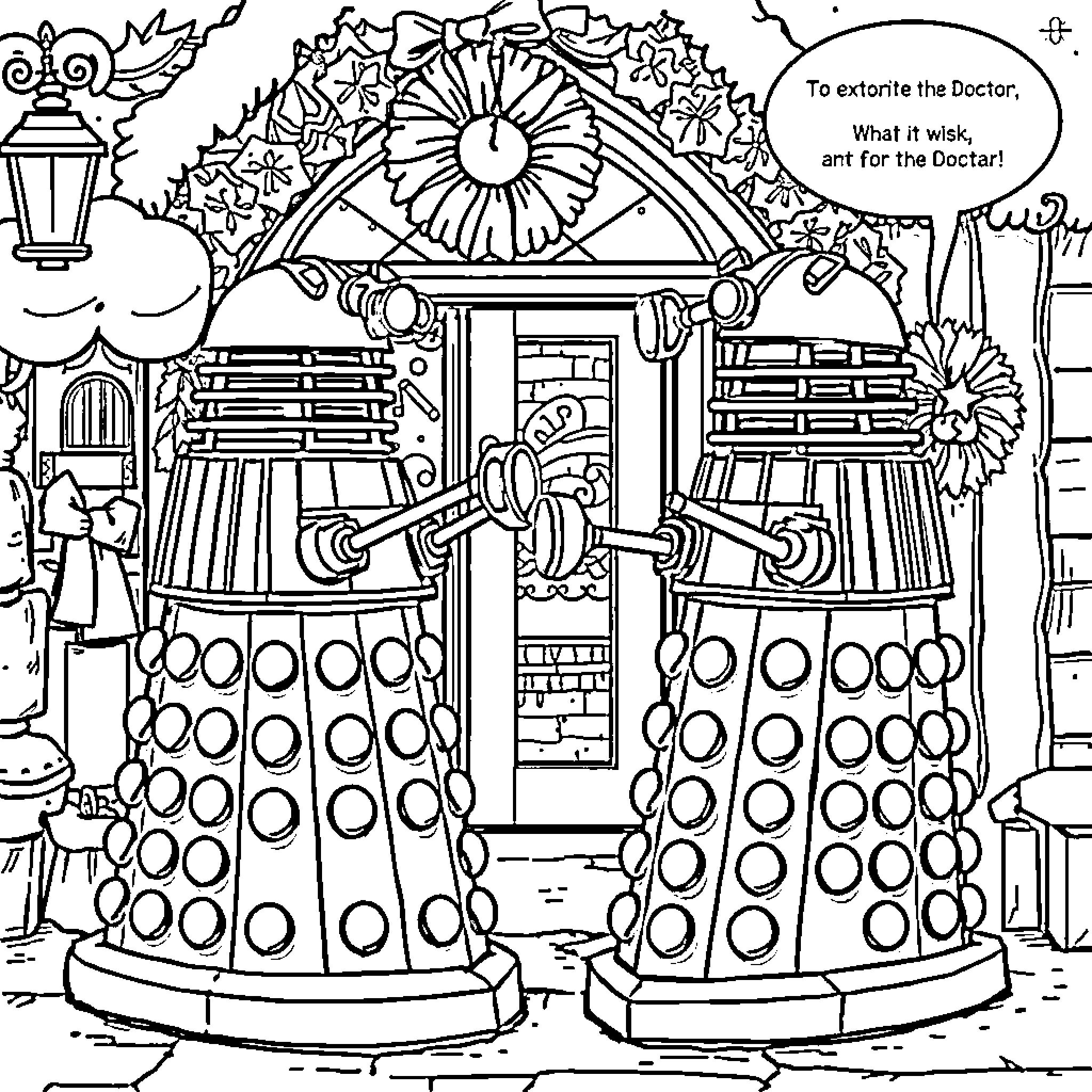Daleks exterminating the Doctor's TARDIS Coloring Page (free black-and-white line drawing printable PDF for all, from beginners to advanced learners, including children, teens, adults, and seniors)