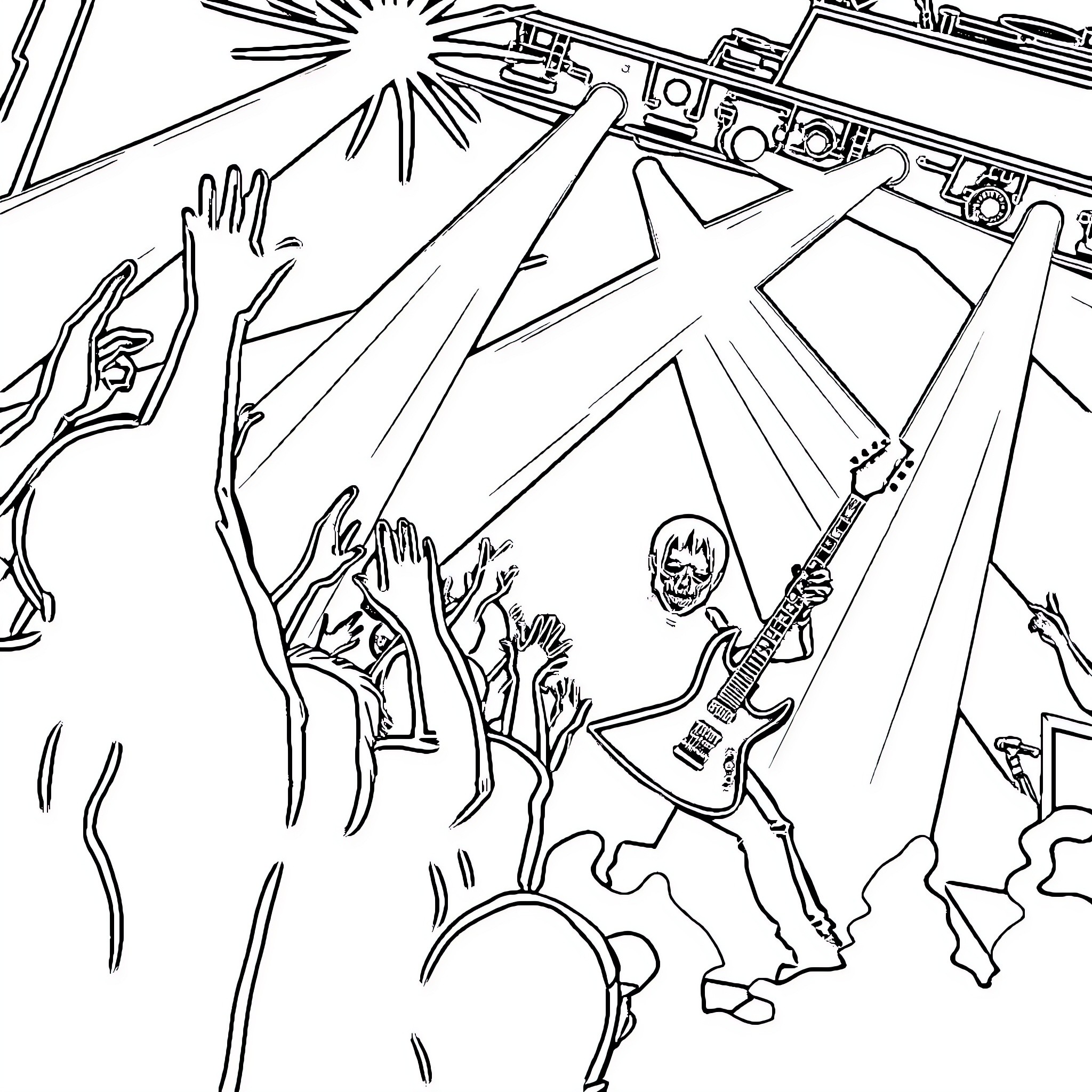Metal Show with Energetic Crowd and Performer Coloring Page (free black-and-white line drawing printable PDF for all, from beginners to advanced learners, including children, teens, adults, and seniors)