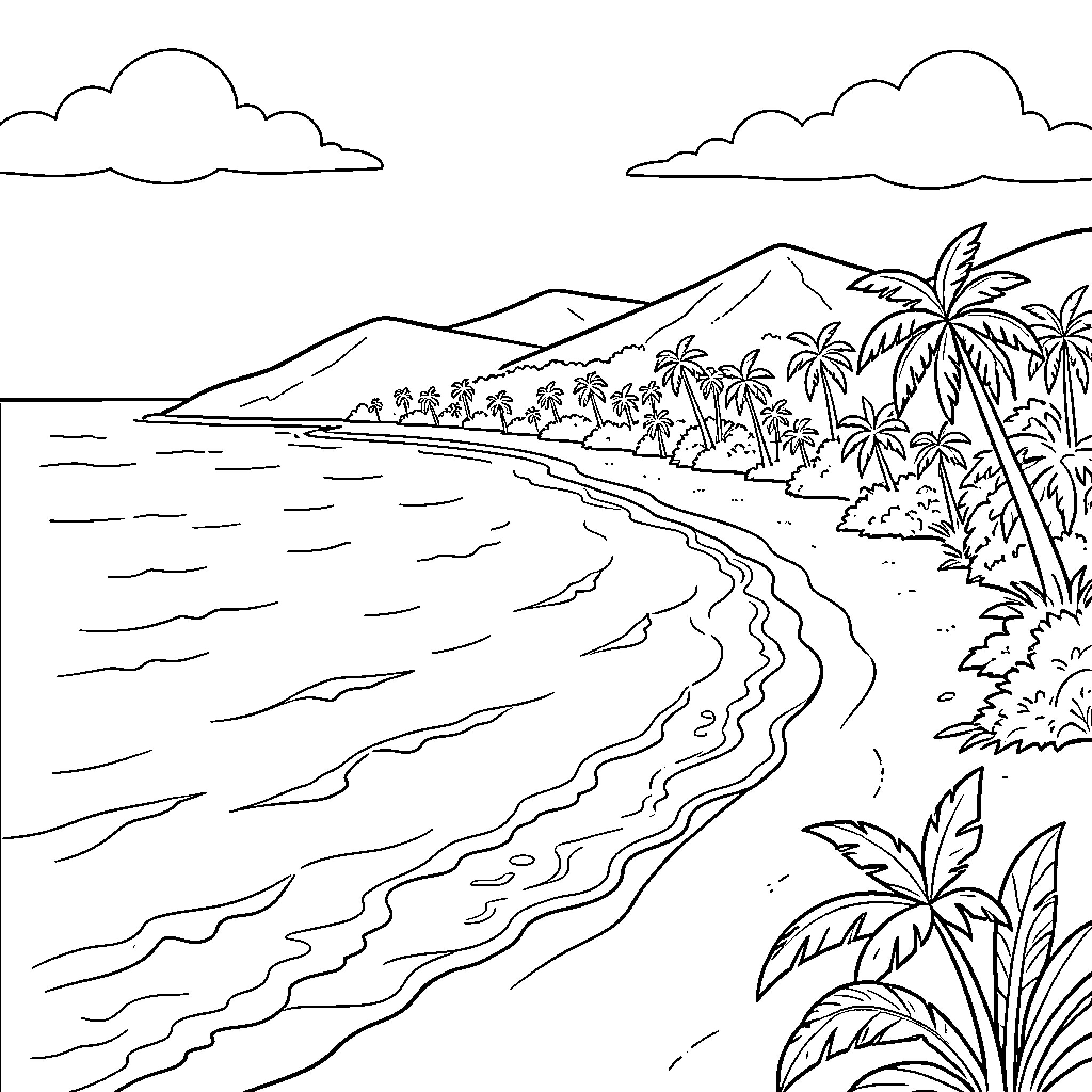 Jamaica: Beach scene with mountains and palm trees Coloring Page (free black-and-white line drawing printable PDF for all, from beginners to advanced learners, including children, teens, adults, and seniors)