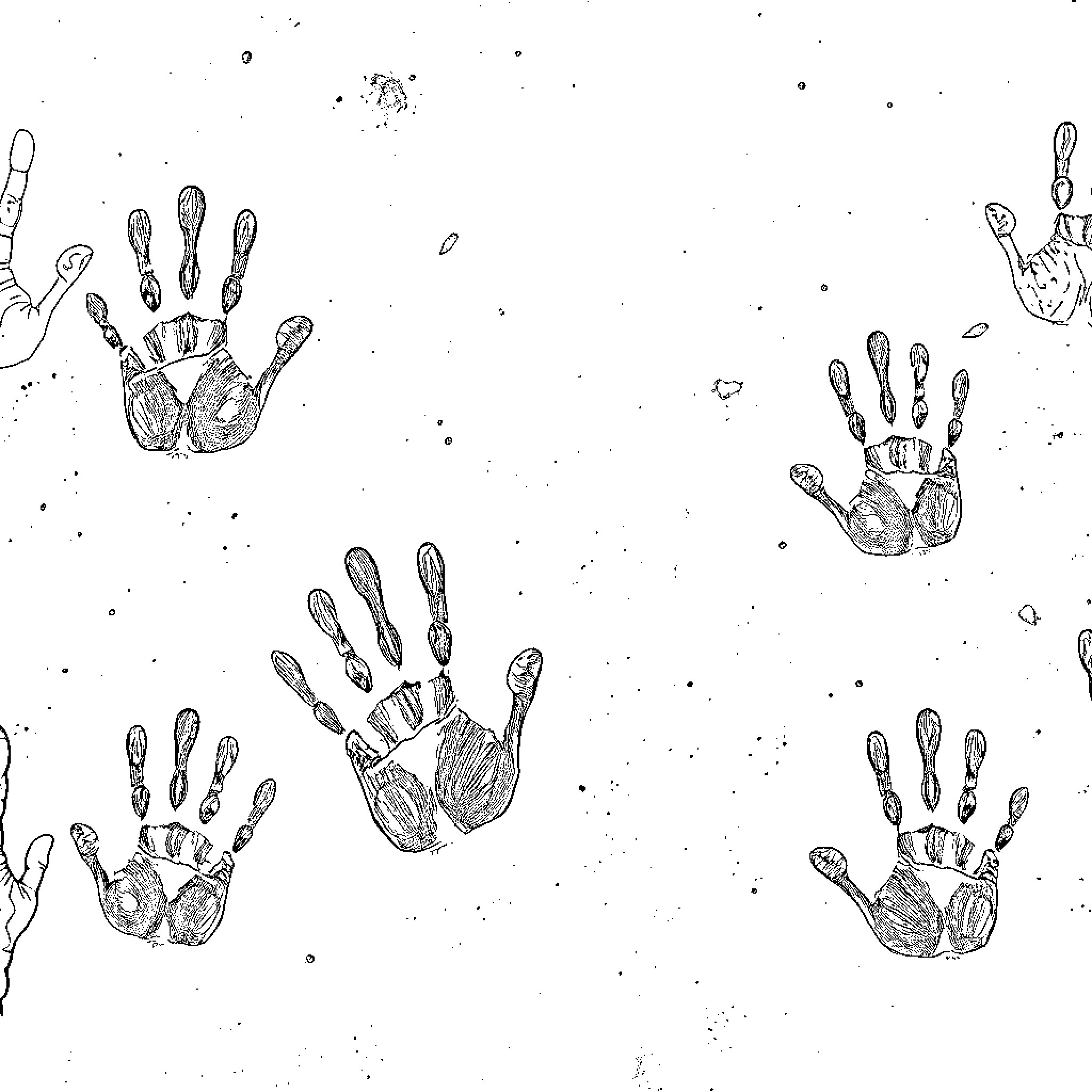 Hand prints scattered across the image Coloring Page (free black-and-white line drawing printable PDF for all, from beginners to advanced learners, including children, teens, adults, and seniors)